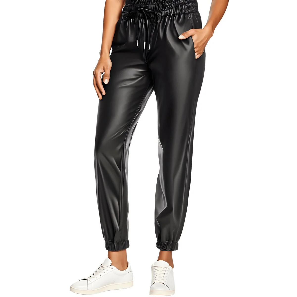 Womens Faux Leather Smocked Jogger Pants