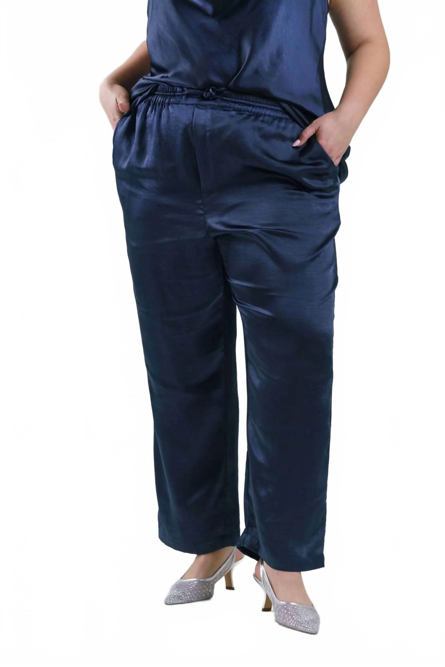 Pull On Satin Pants - Plus Size In Navy