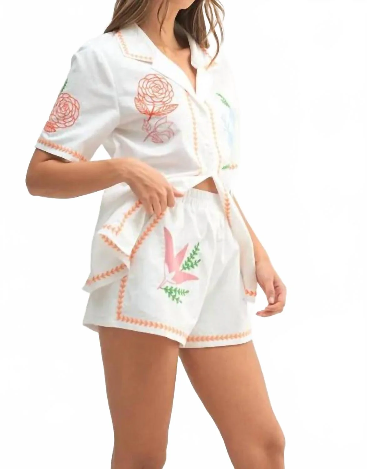Embroidered Button Down Shirt And Shorts Set In Orange