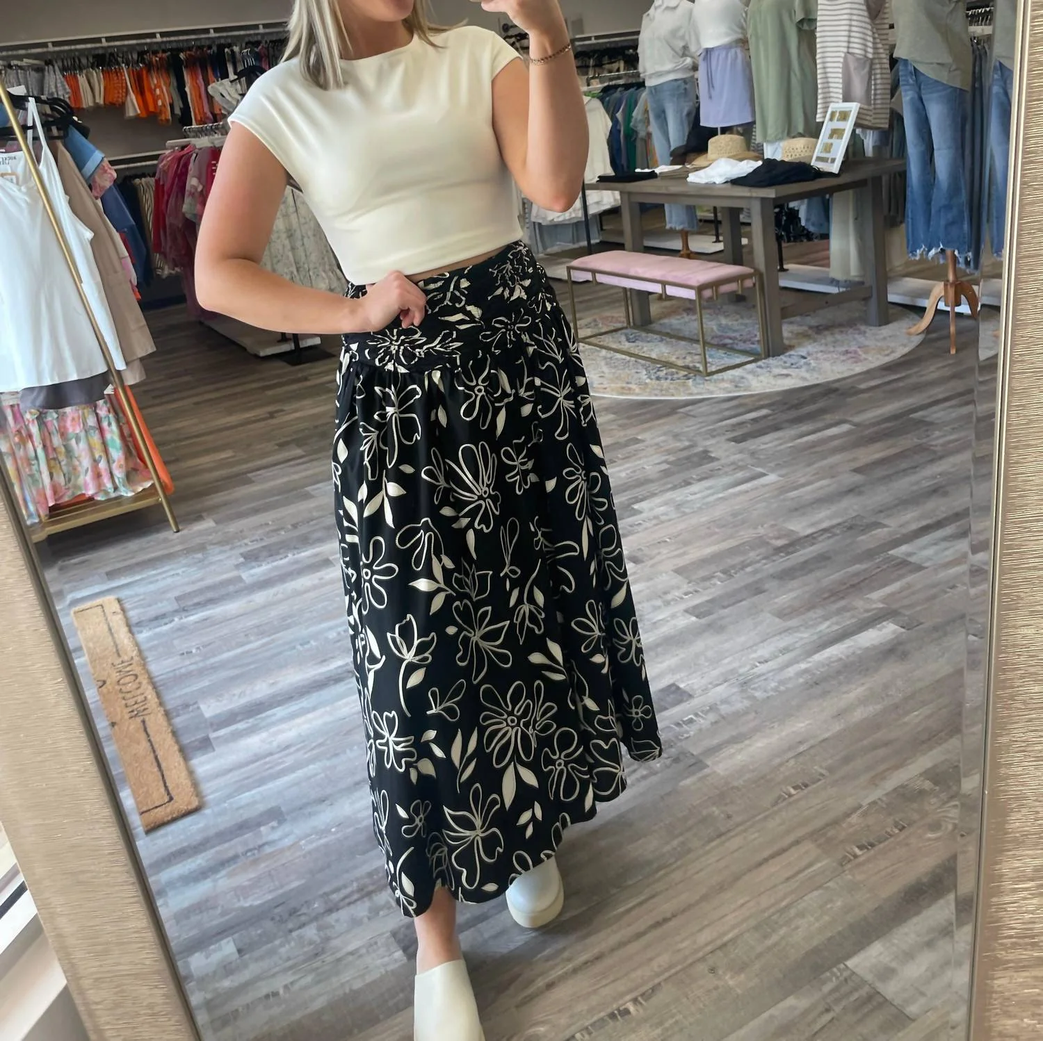 Floral Smocked Midi Skirt In Black Multi