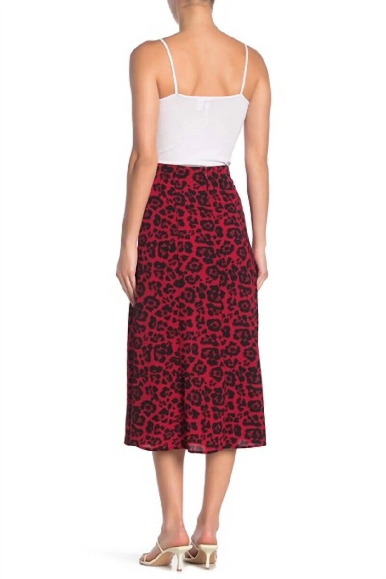 Animal Print Flare High Rise Crepe Midi Skirt In Red