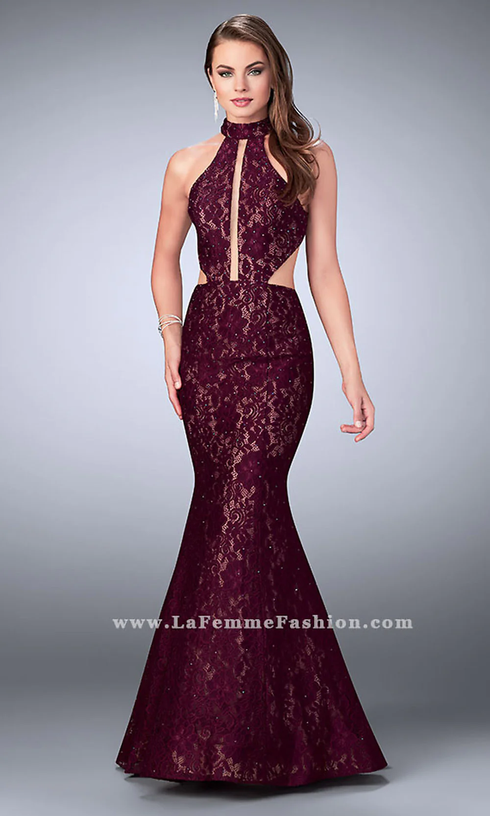 La Femme Long Lace Prom Dress