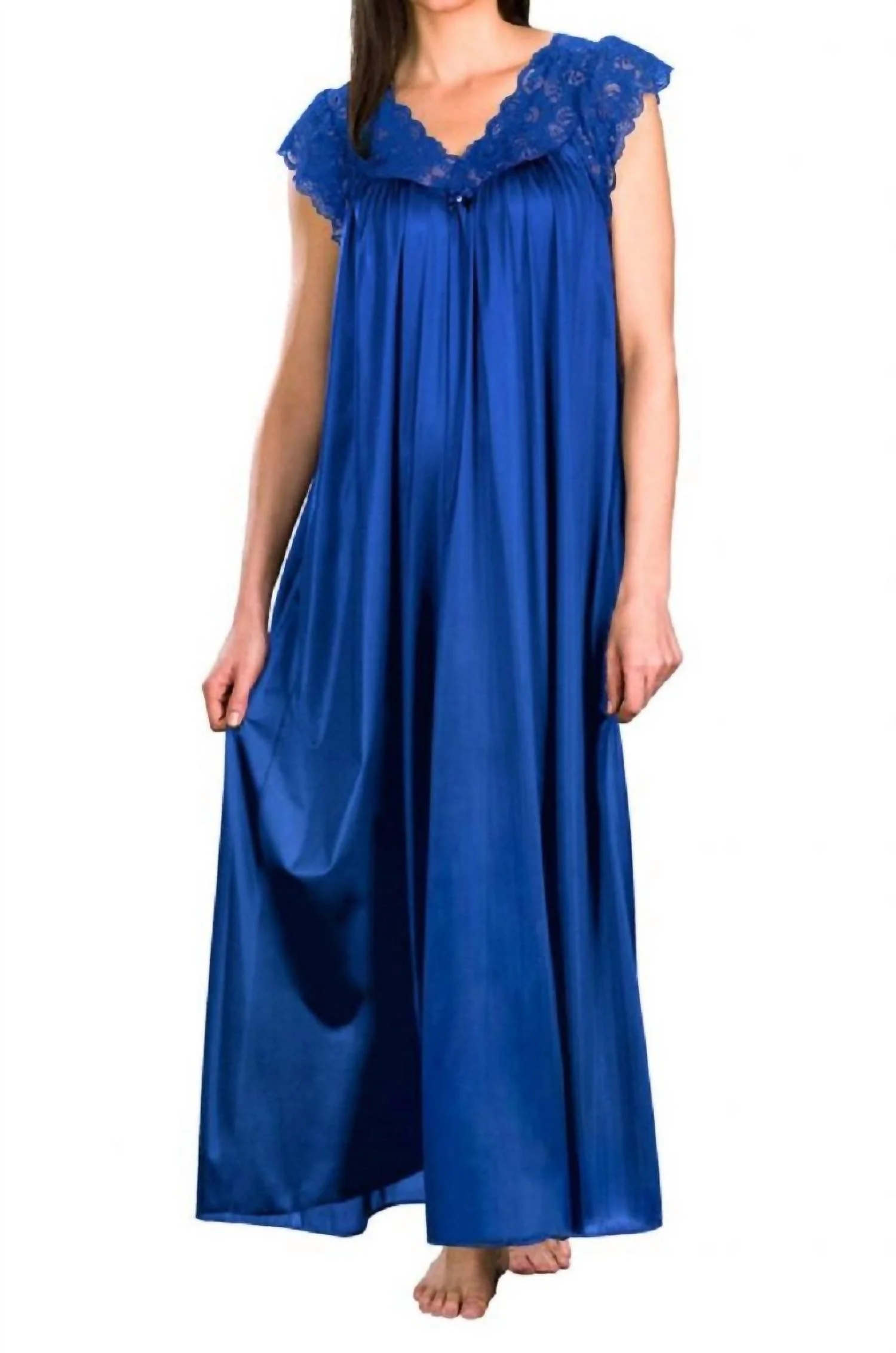 Long Lace Cap Sleeve Nightgown In Navy