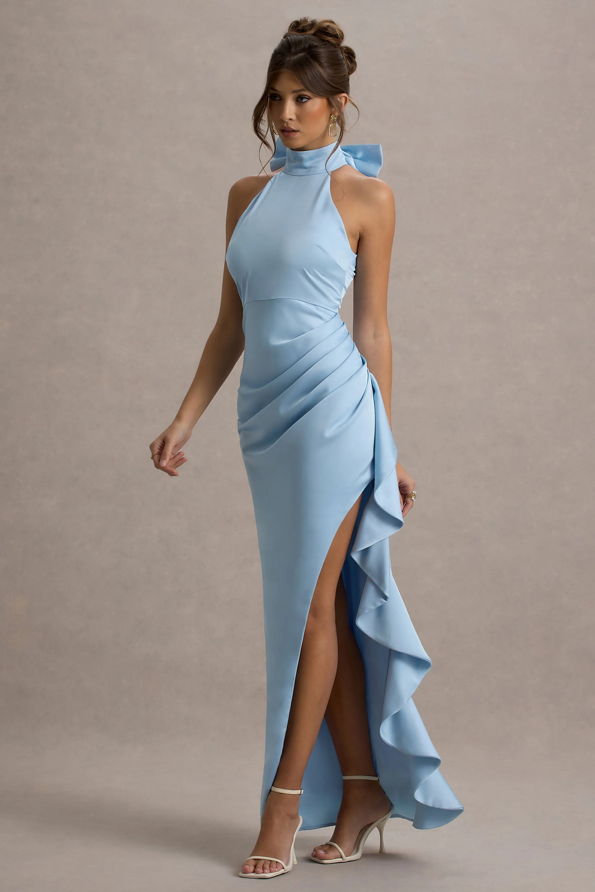 Maureen | Powder Blue Satin High-Neck Draped Maxi Dress