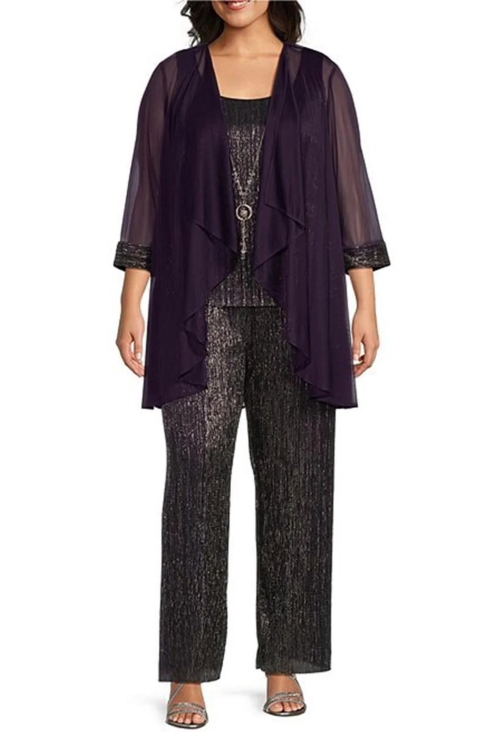 3-Piece Metallic Evening Pants Set In Plum