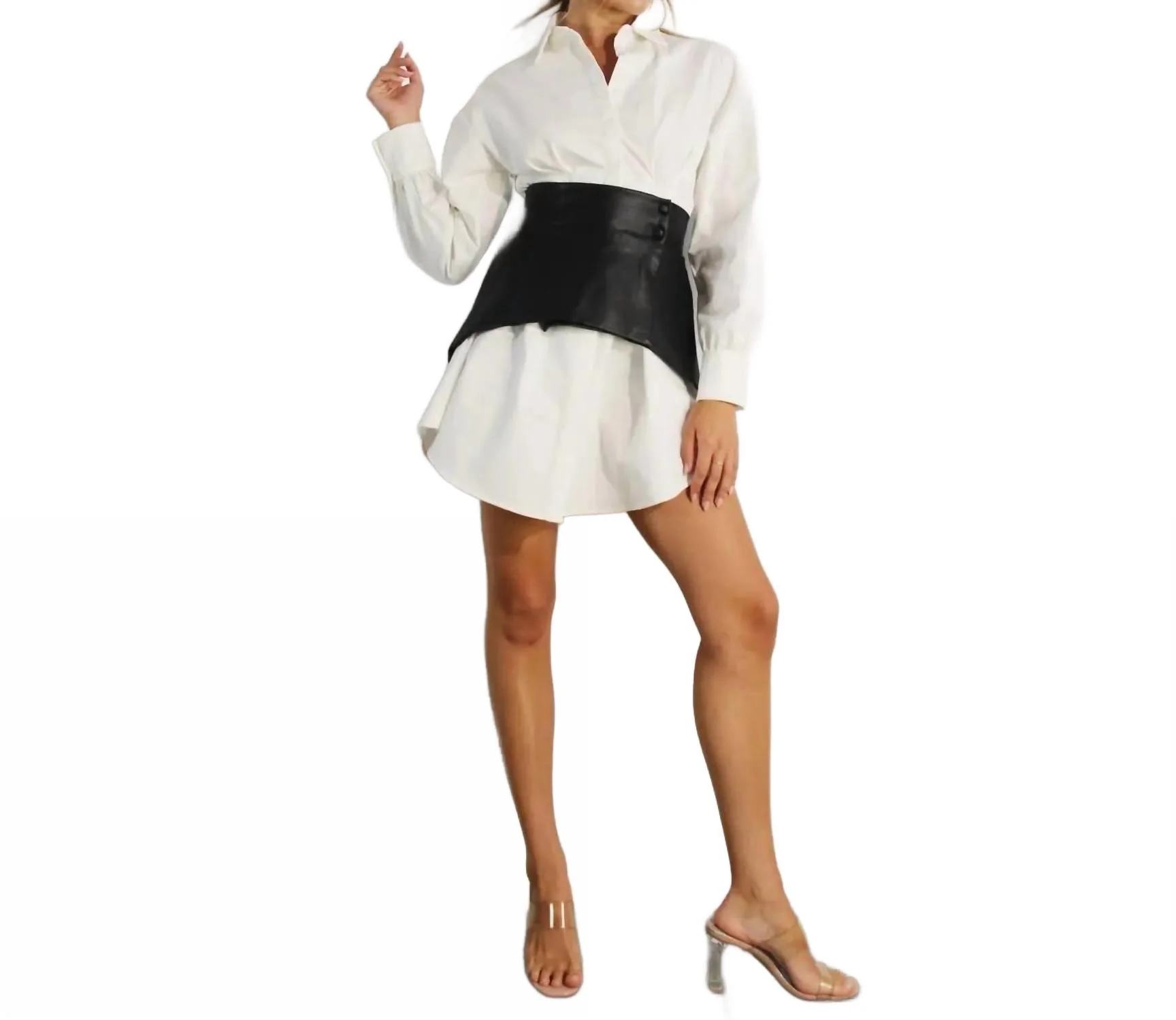 Ashlynn Shirt Dress With Vegan Leather Wrap Skirt In White