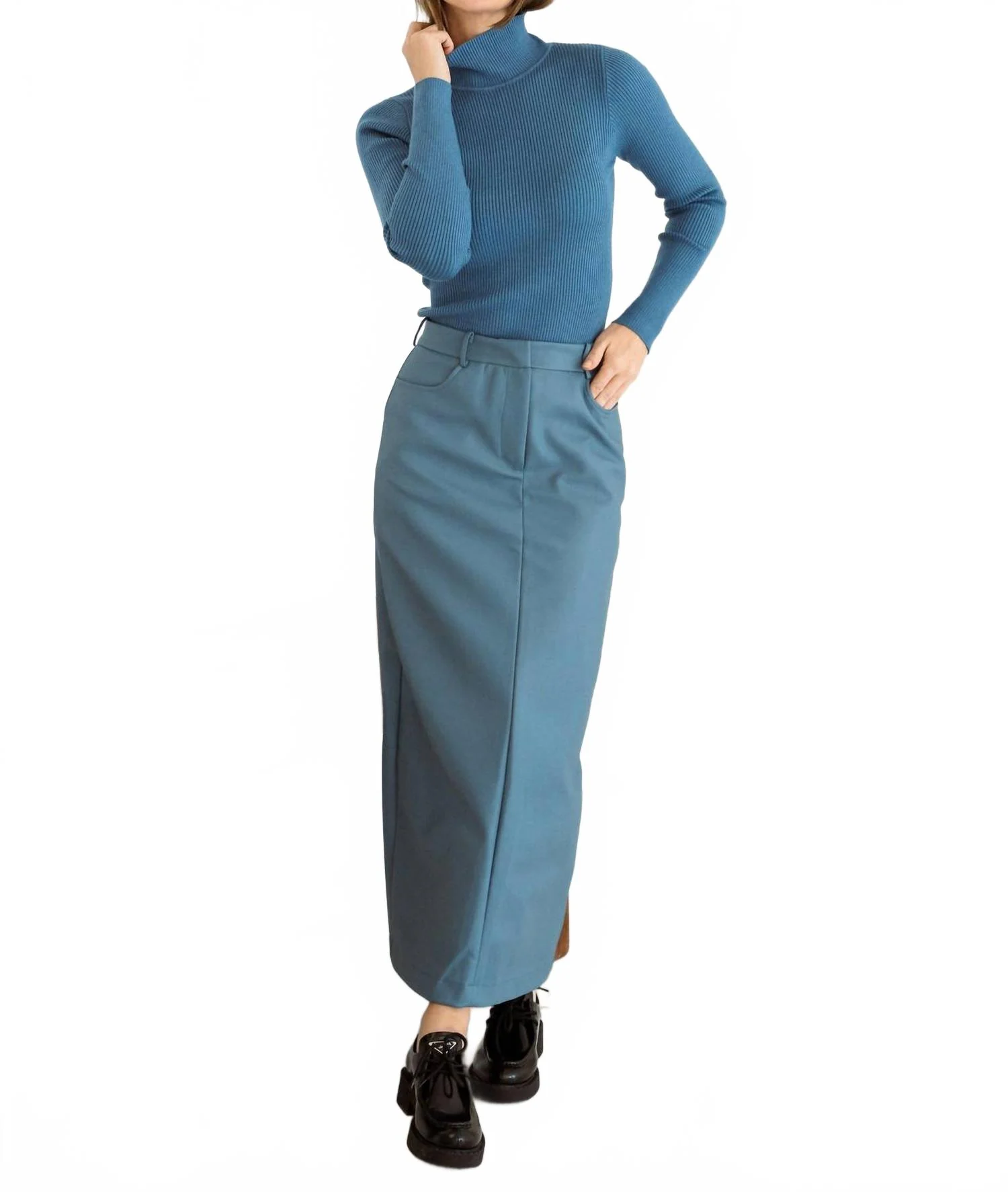 Leather Maxi Skirt In Sky Blue