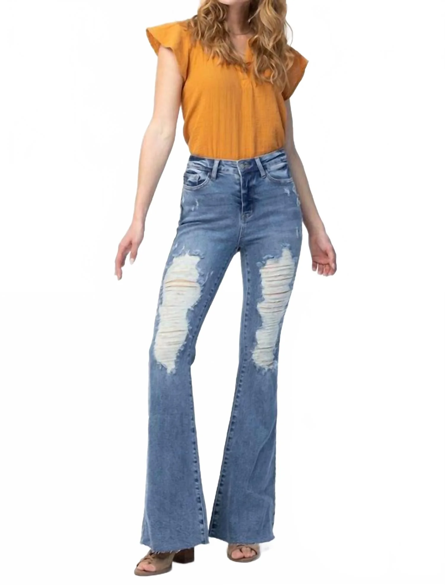 Retro Destroyed Flare Jeans In Blue