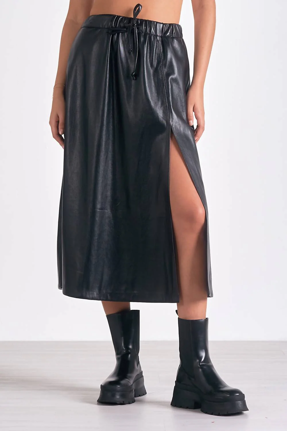 Faux Leather Midi Skirt In Black