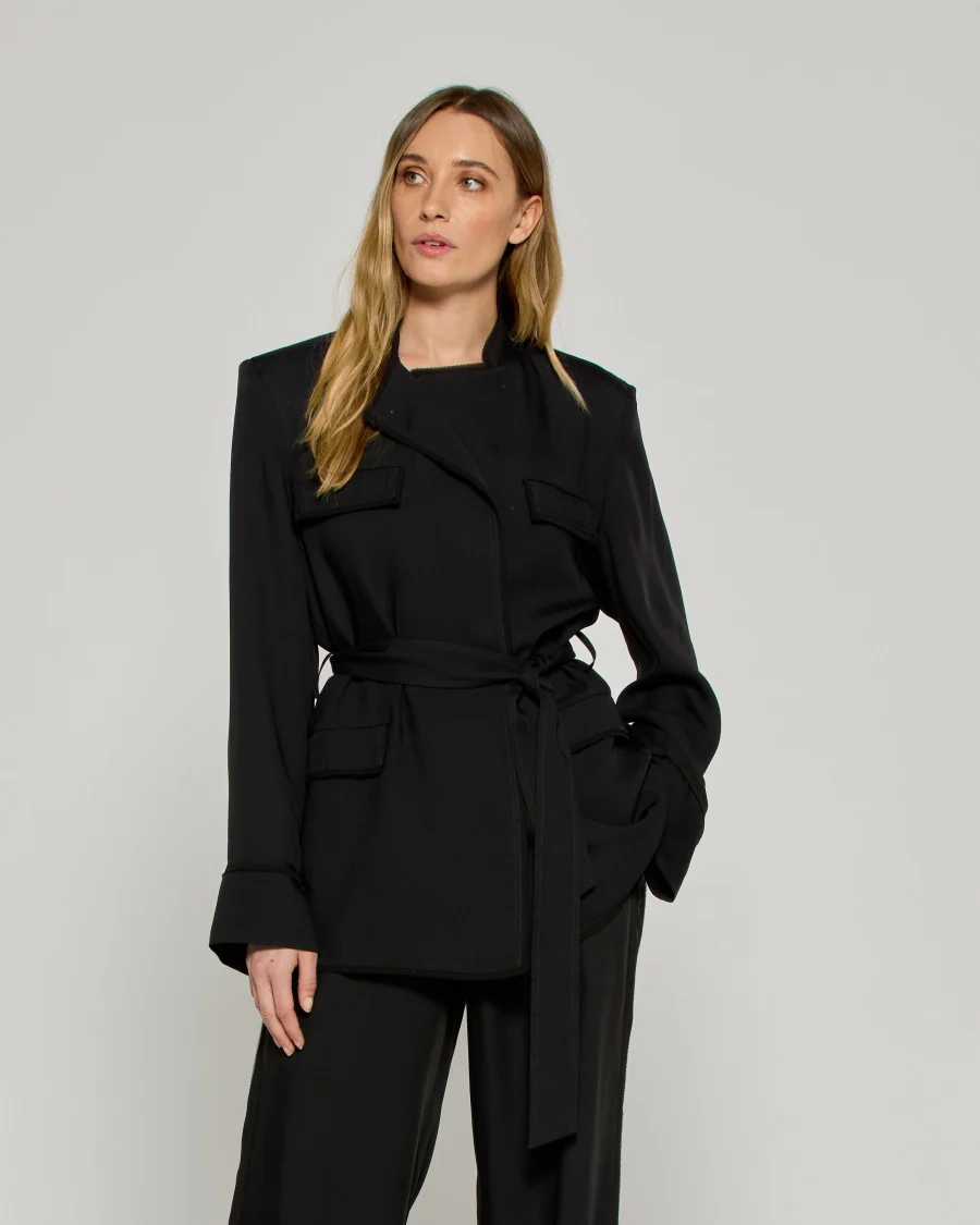 Relaxed Jacket With Georgette Trim - Black