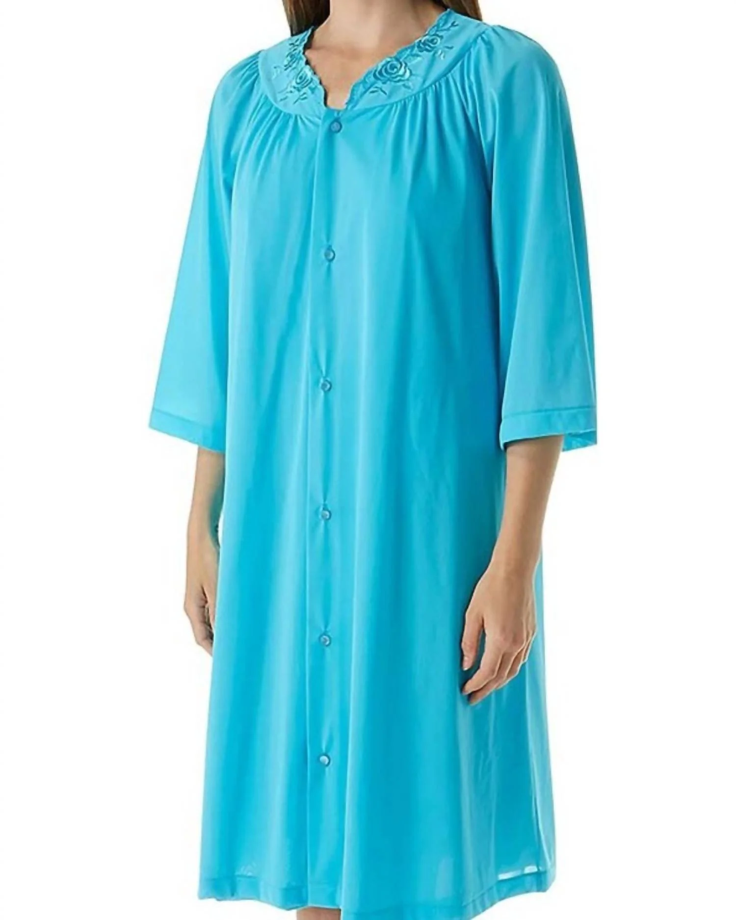 Short 3/4 Sleeve Button Down Robe In Turquoise