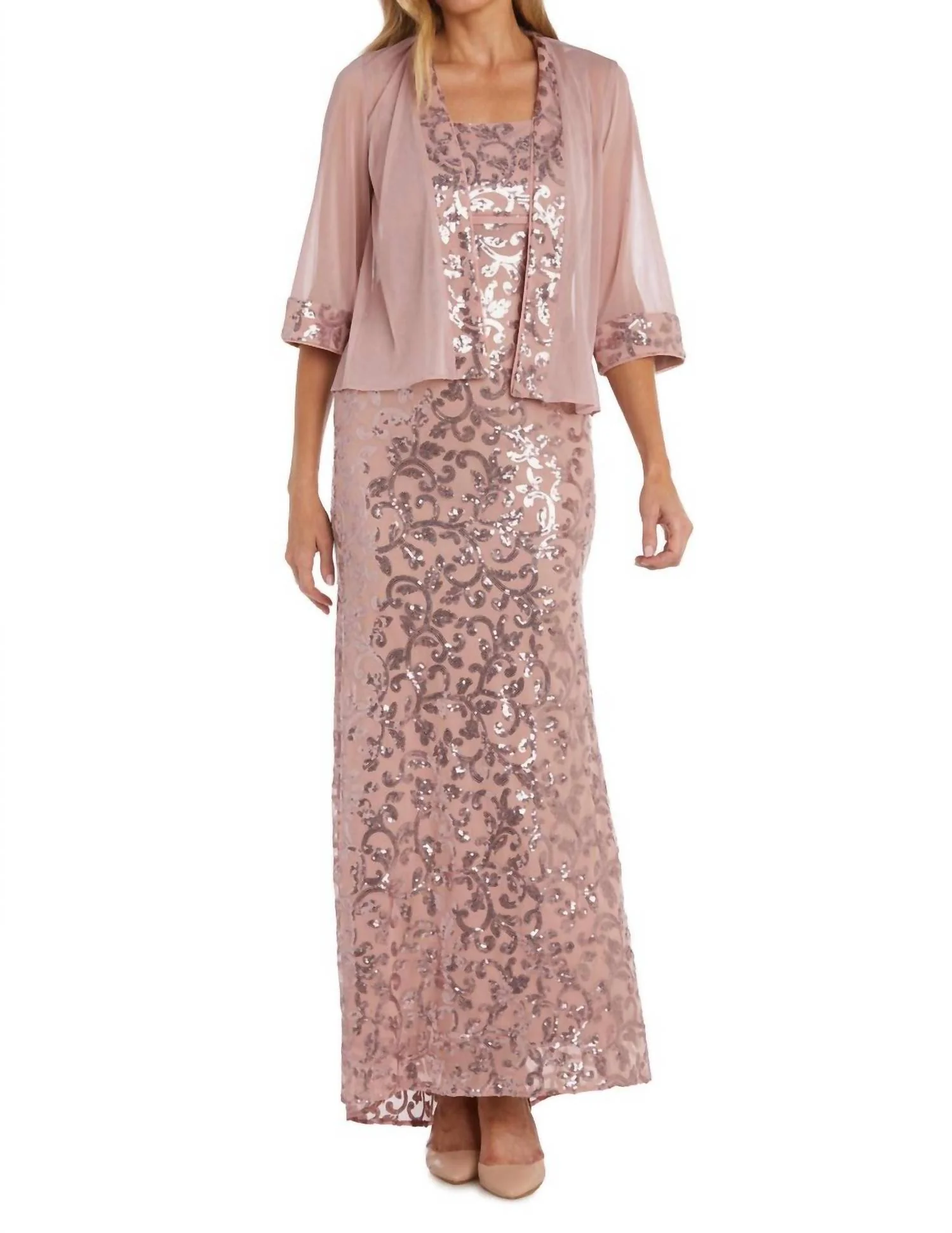 Sequined Evening Jacket & Dress Set In Blush