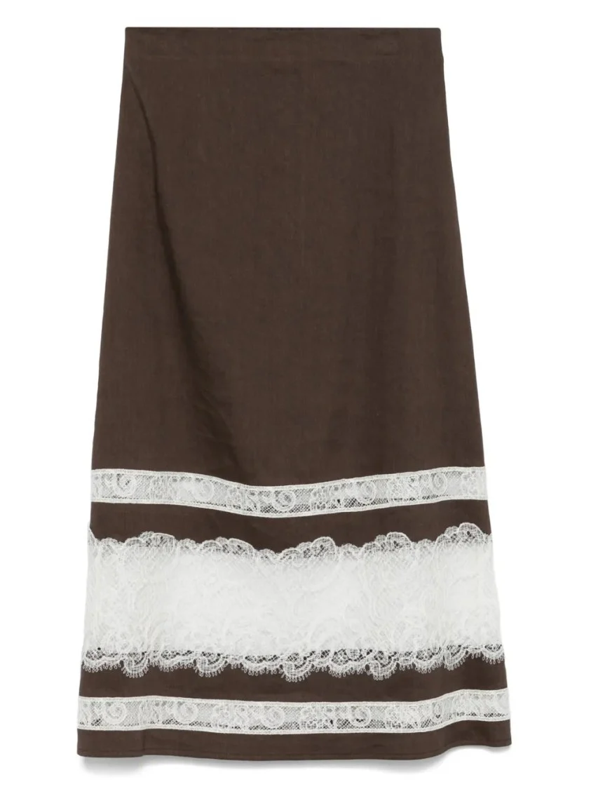Brown Lace-Detail Midi Skirt