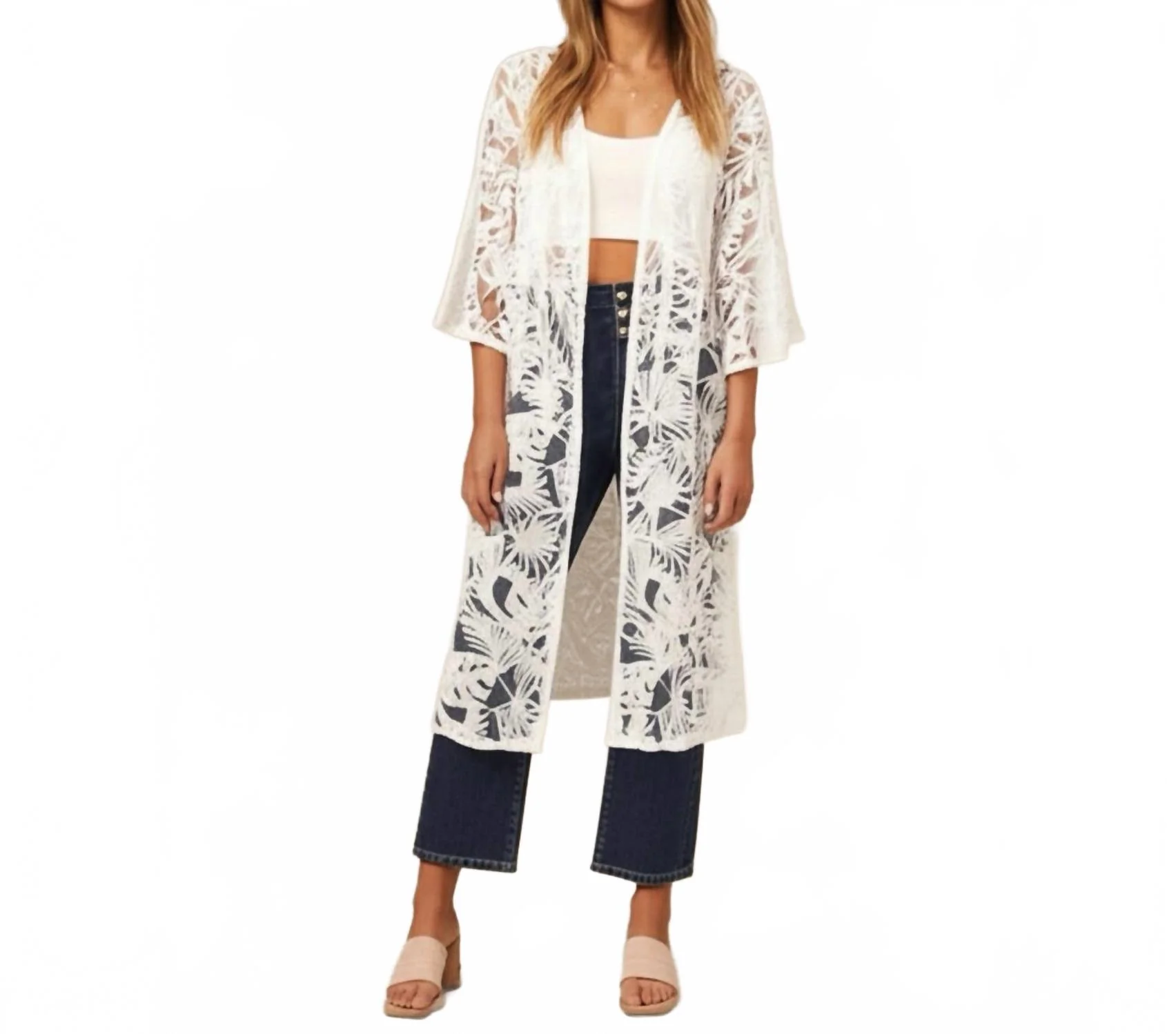 White Lace Kimono Tropical Leaf Design Resort Wear