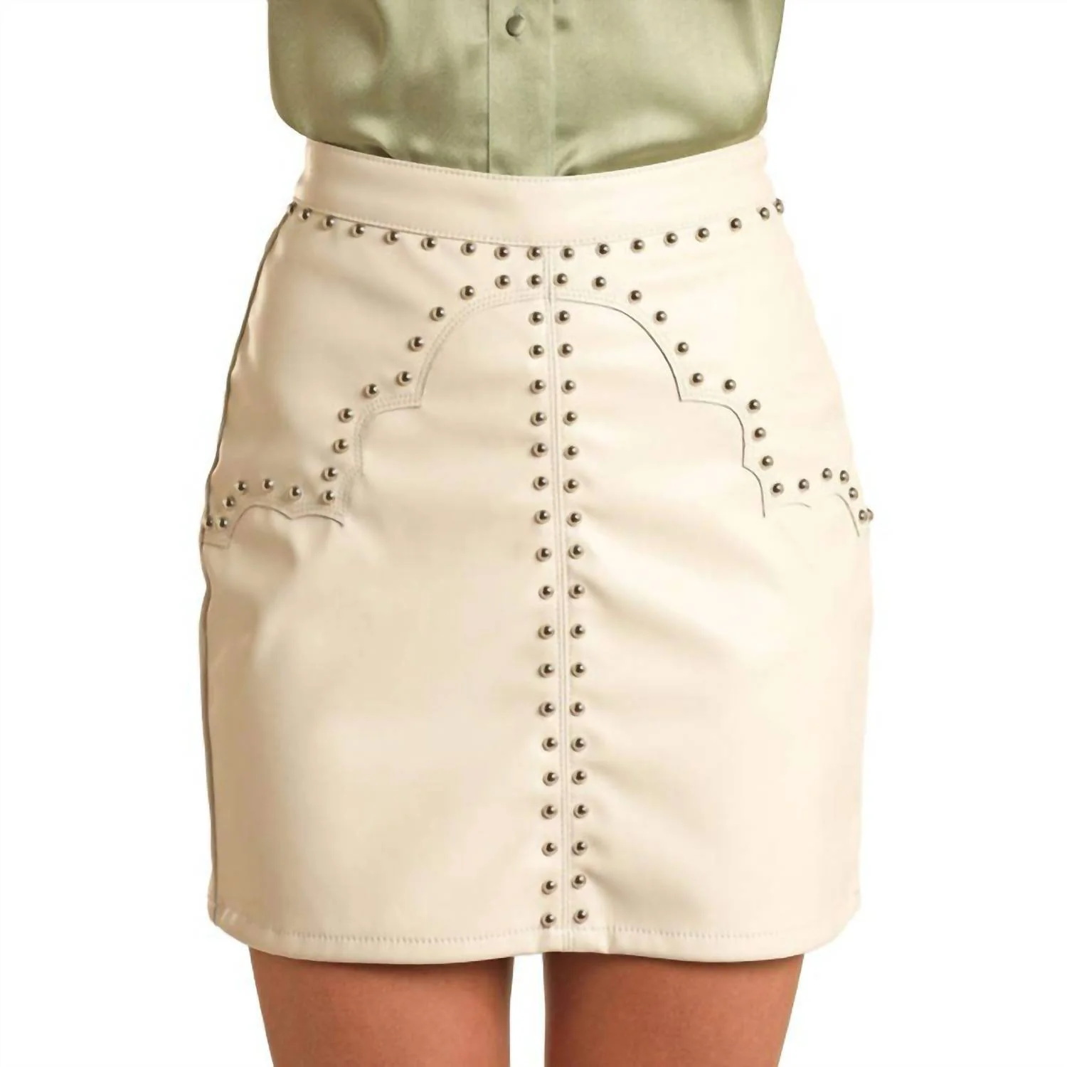 Faux Leather & Studded Mini Skirt In Ivory