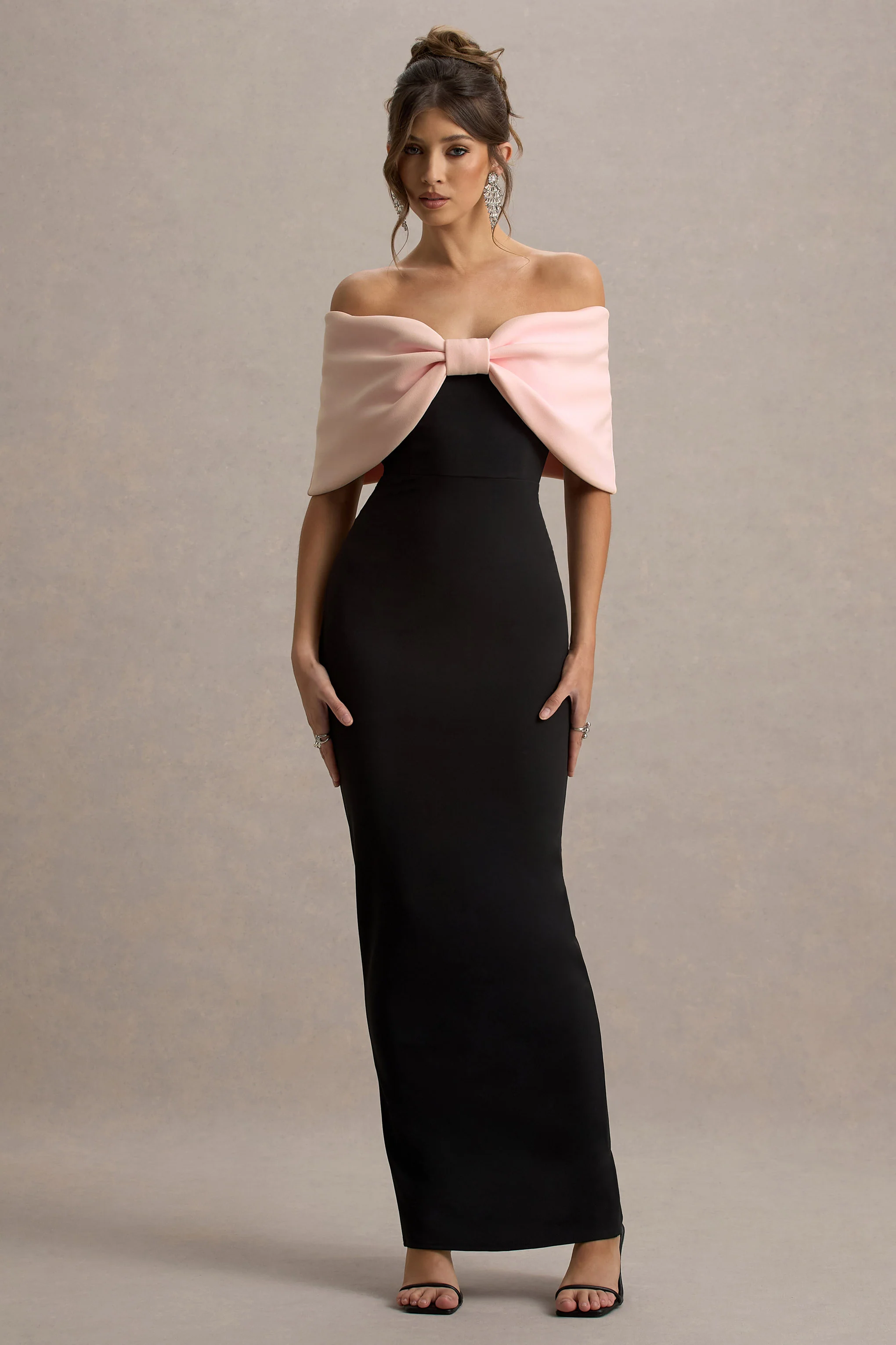 Cornelia | Pink & Black Strapless Maxi Dress With Oversized Bow
