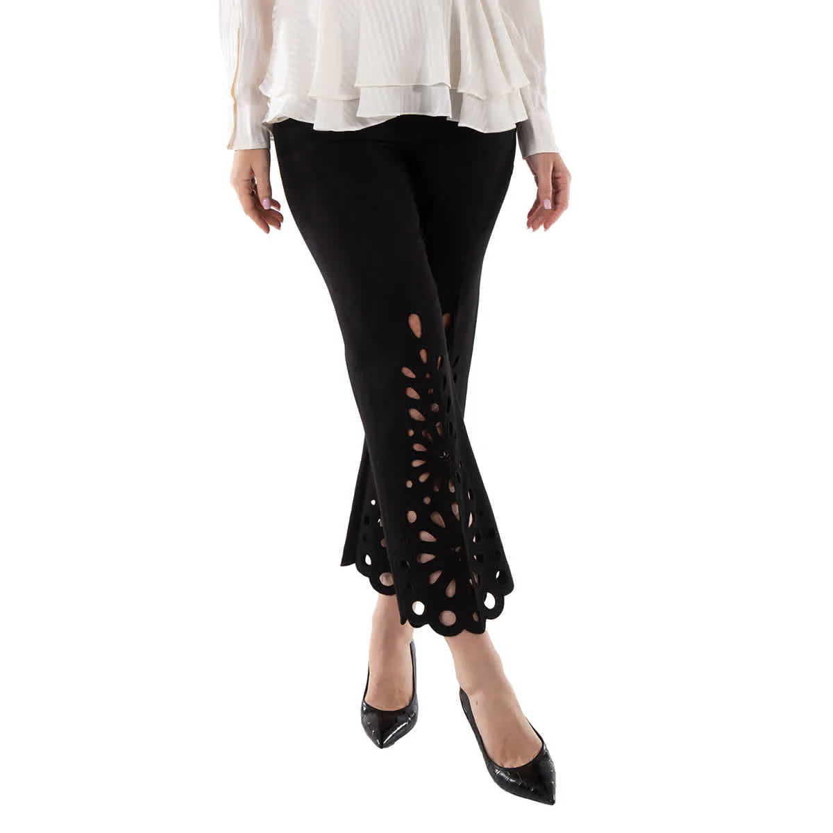 Burberry Ladies Black Isabelle Eyelet Hem Wool Trousers