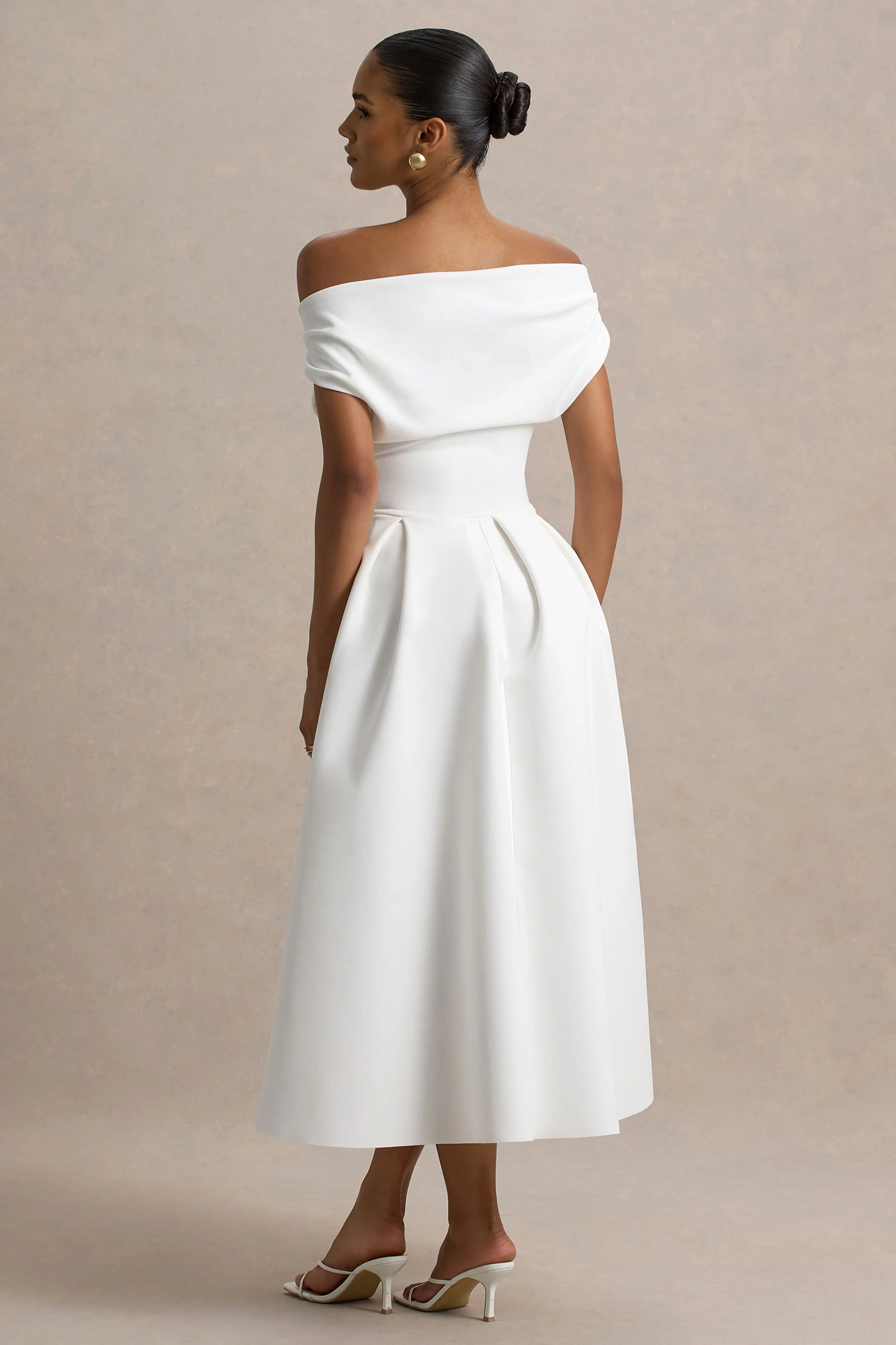 Demi | White Asymmetric-Neck Midi Dress