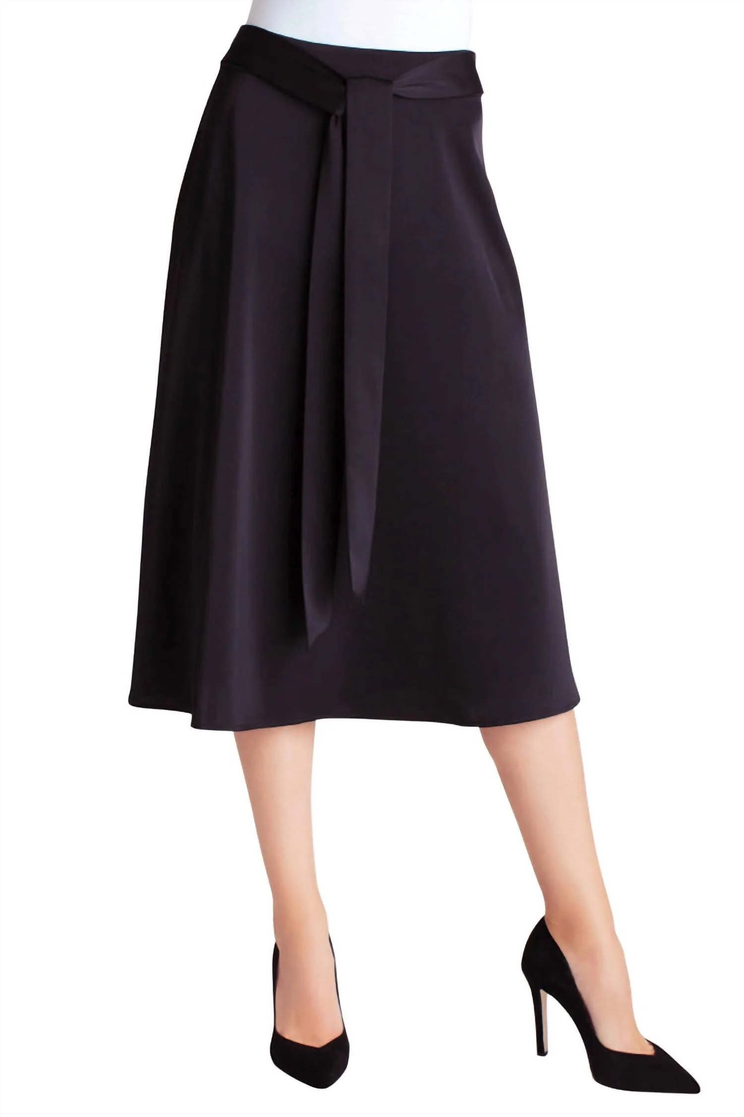 Matte Shine Belted Midi Skirt In Black