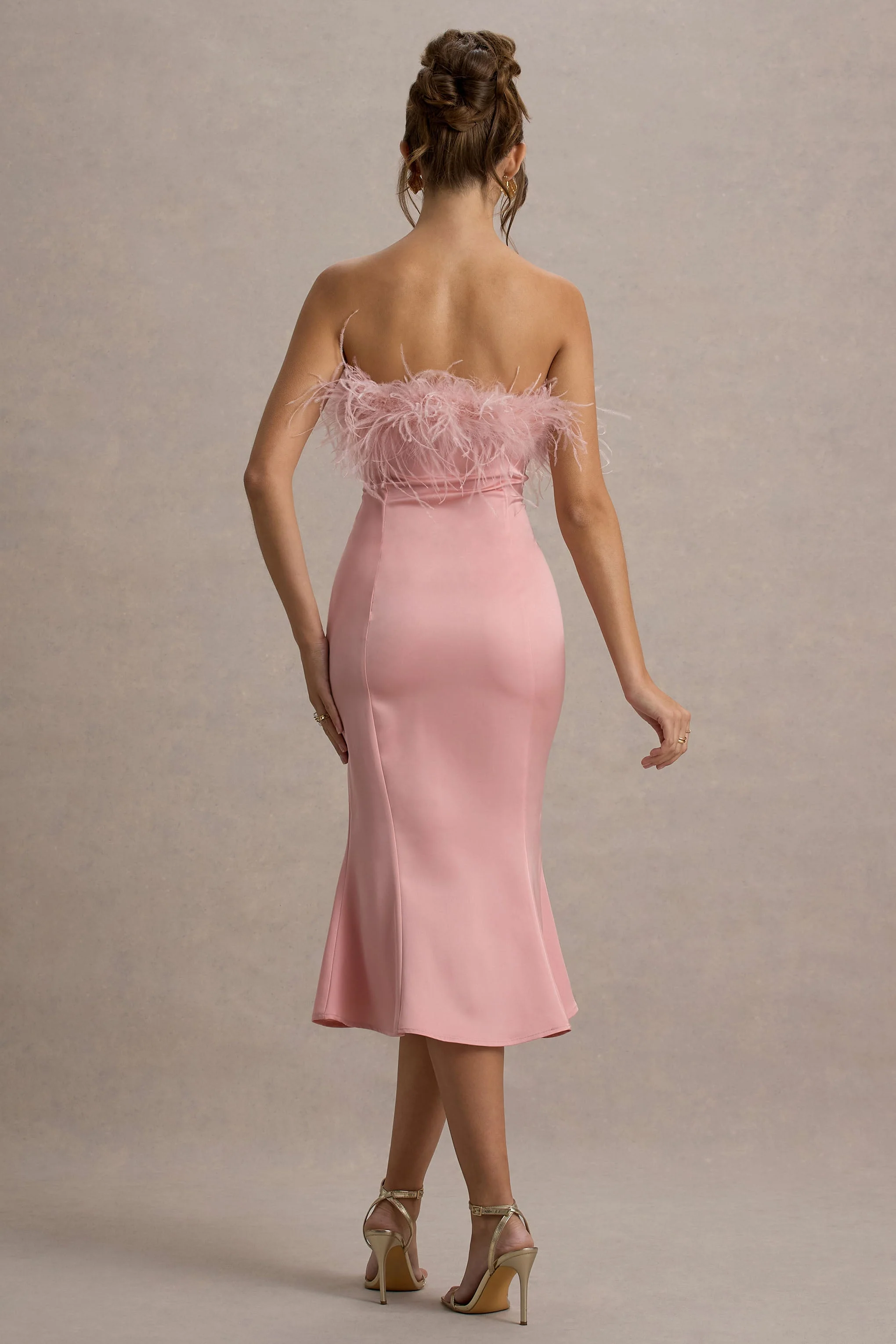 One And Only | Light Pink Satin Feather Trim Bandeau Midi Dress