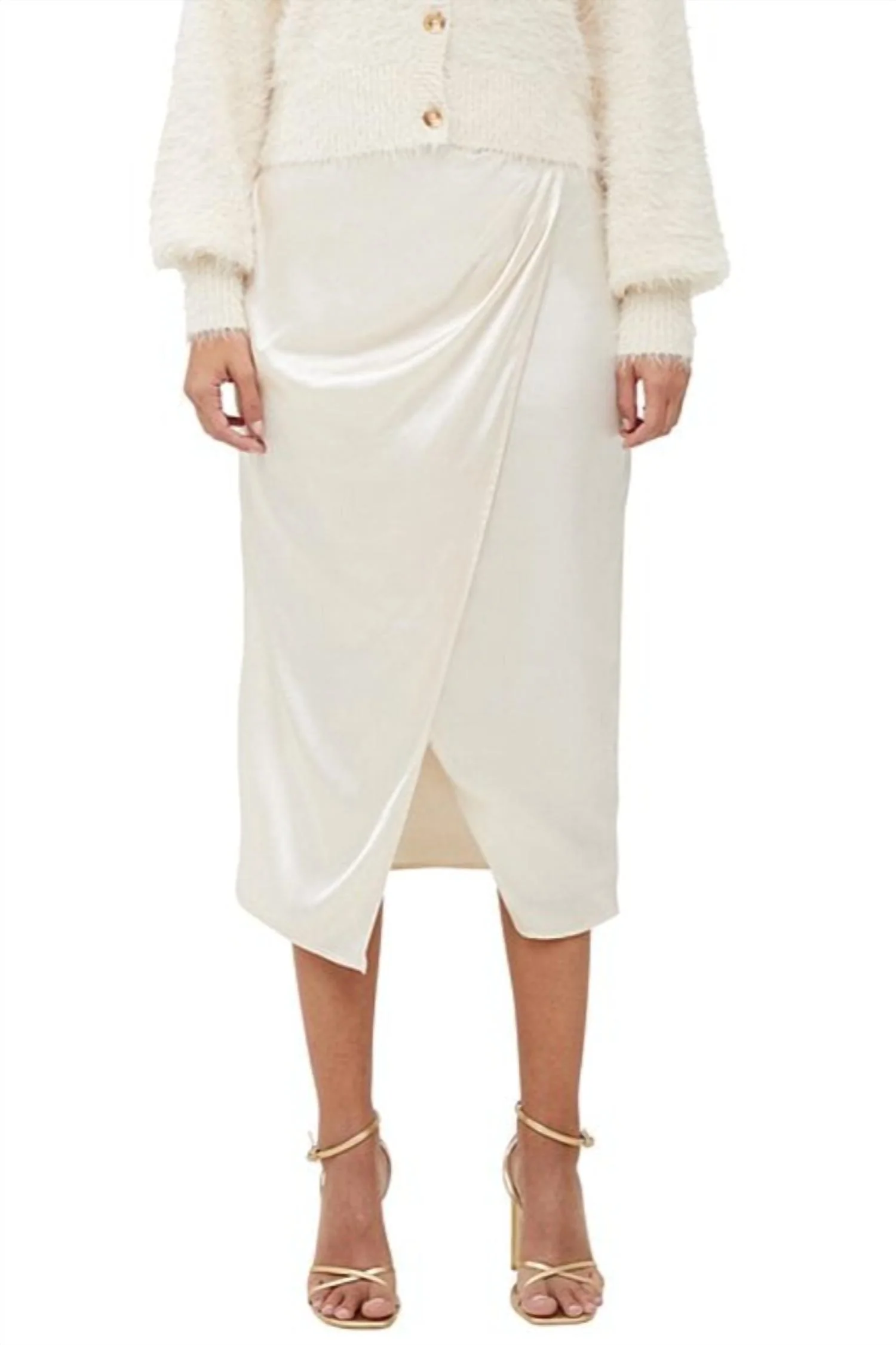 Inu Satin Midi Wrap Skirt In Classic Cream