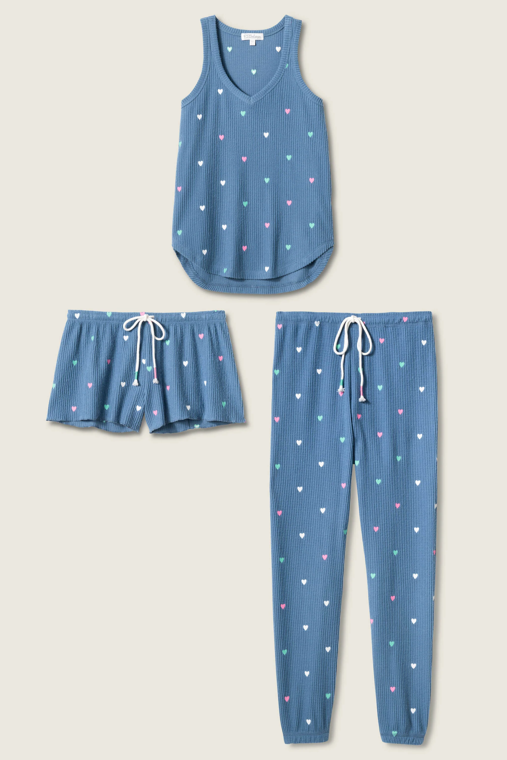 Love Club 3-piece Tank, Short & Pant Lounge Set with Embroidered Hearts