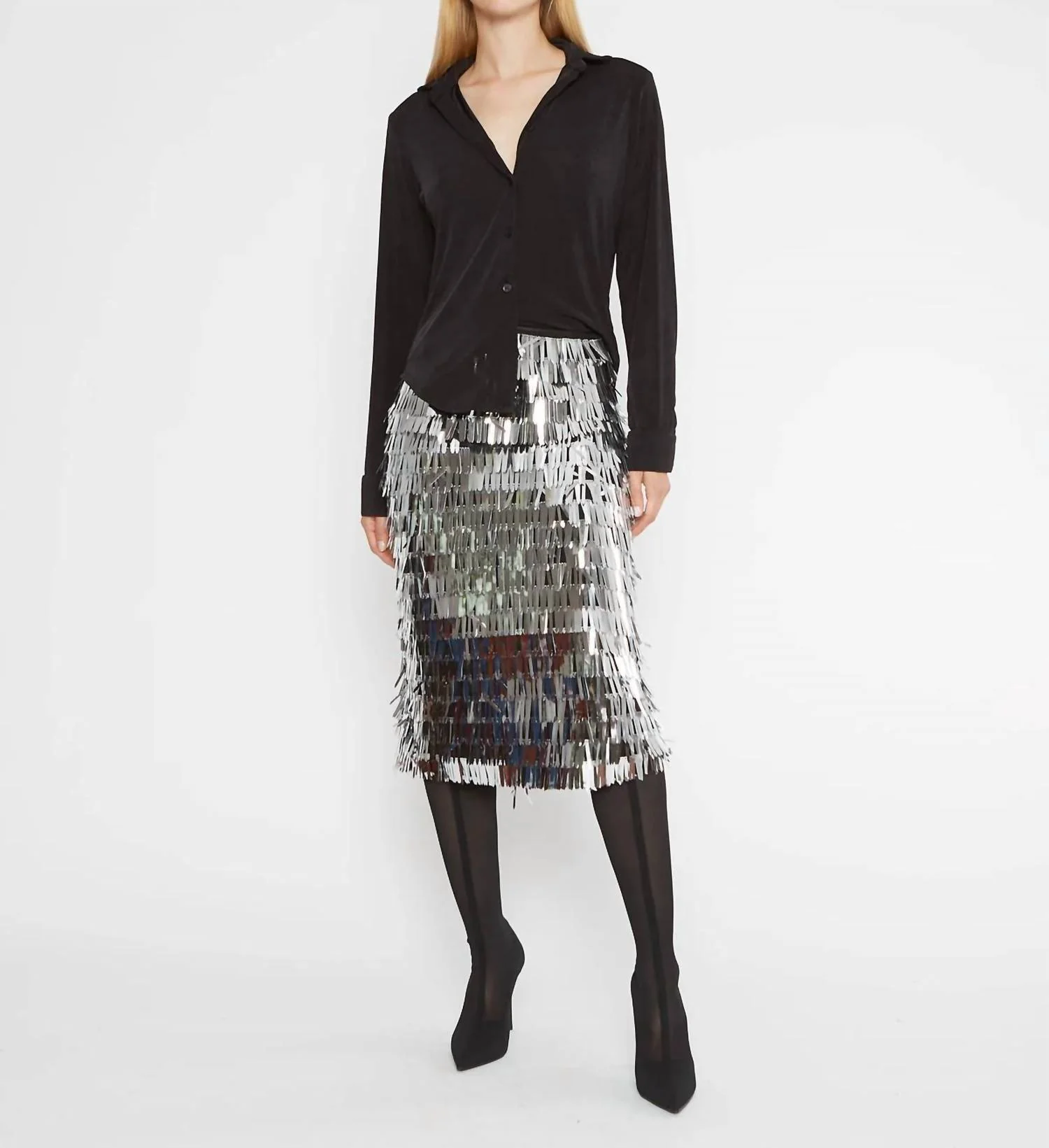 Tinsel Midi Skirt In Silver