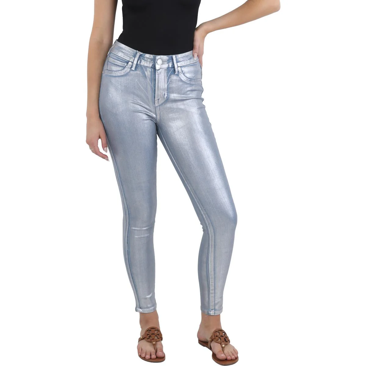 Womens Distressed Metallic Skinny Jeans