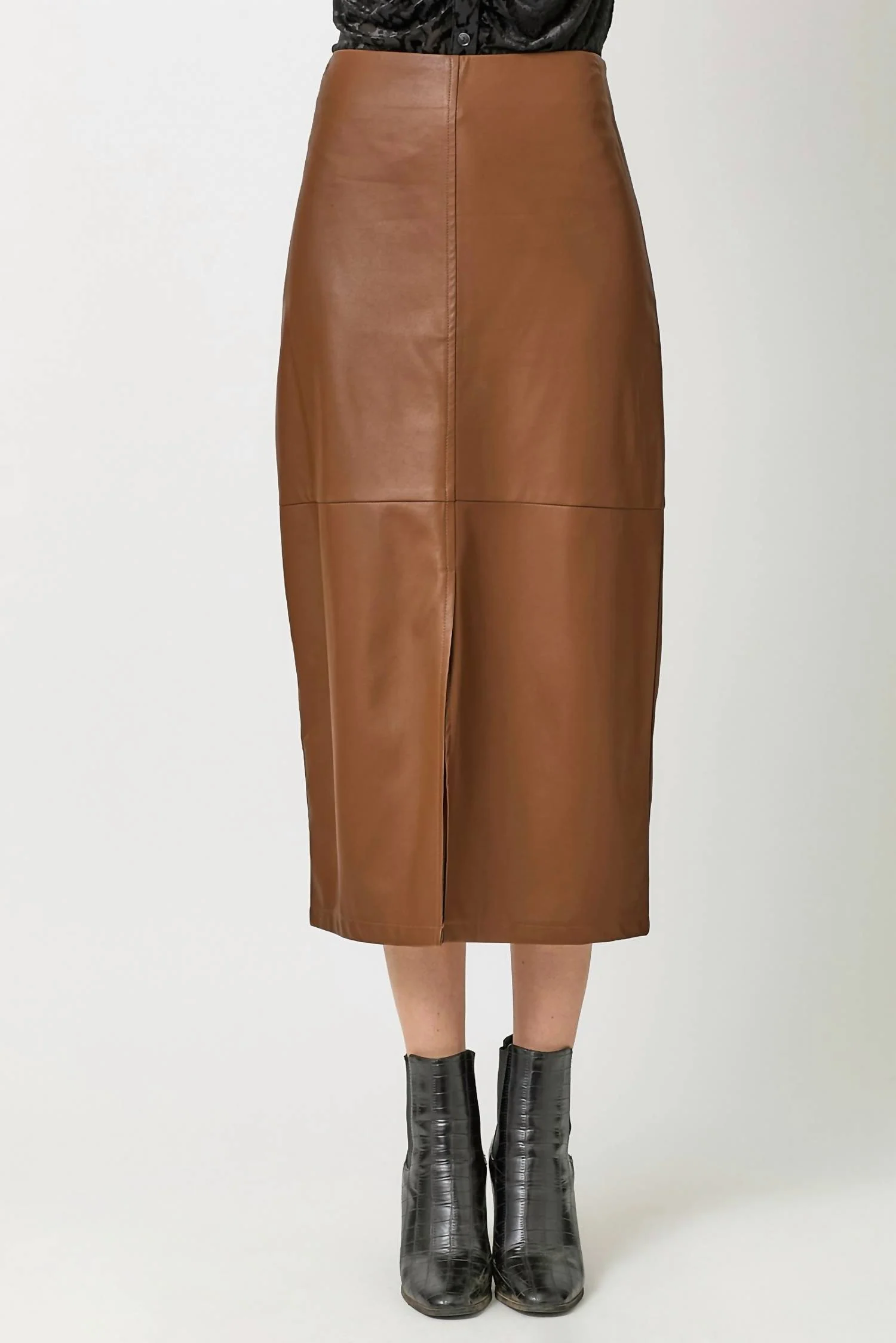 Leather Midi Skirt In Camel
