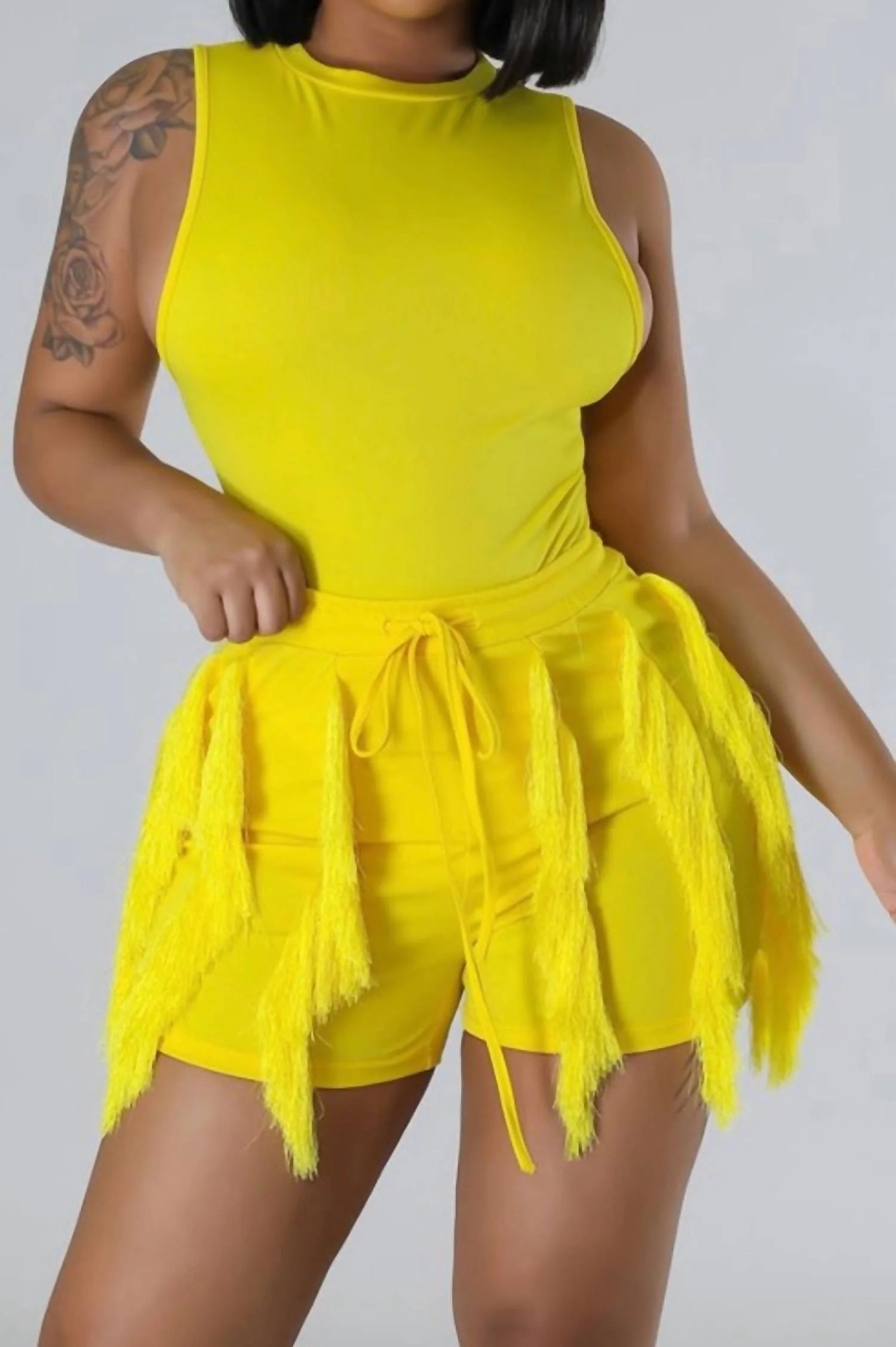 Fringe Two Piece Short Set In Yellow
