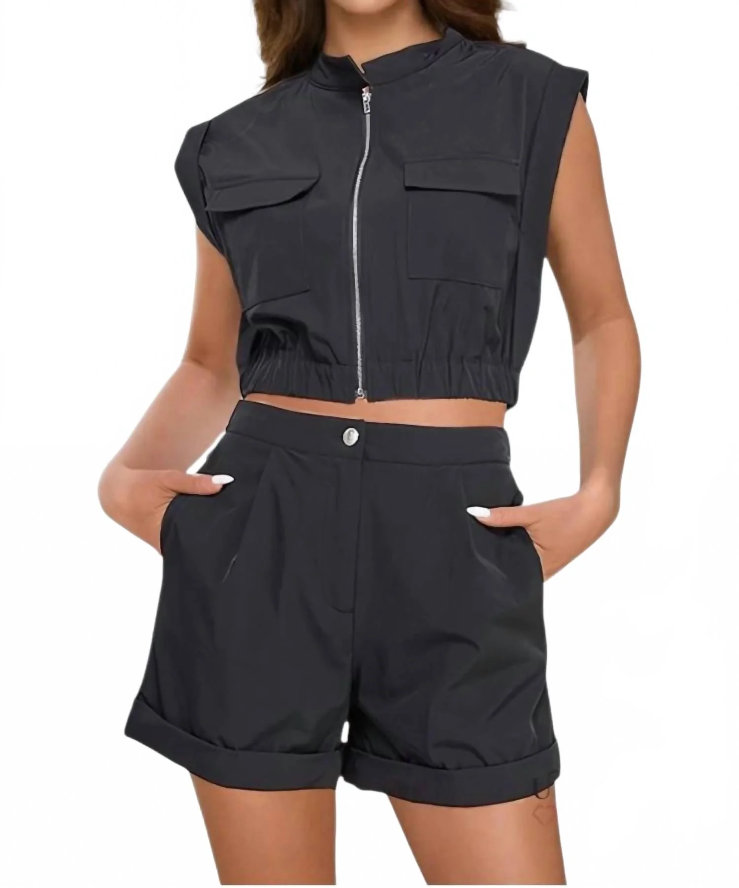 Short Sleeve Vest Top With Rolled Up Short Set In Black
