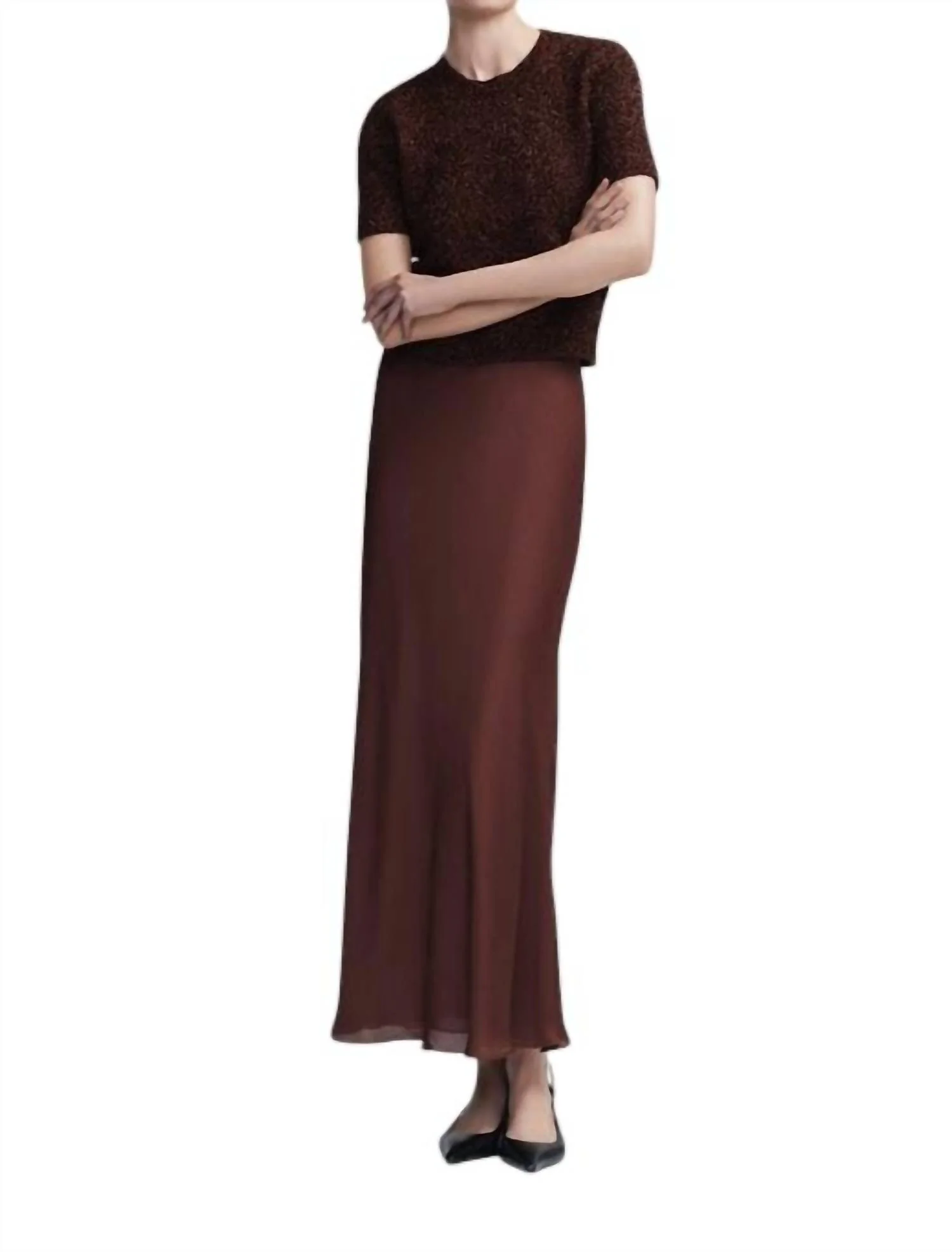 Plisse Chiffon A-Line Skirt In Chestnut