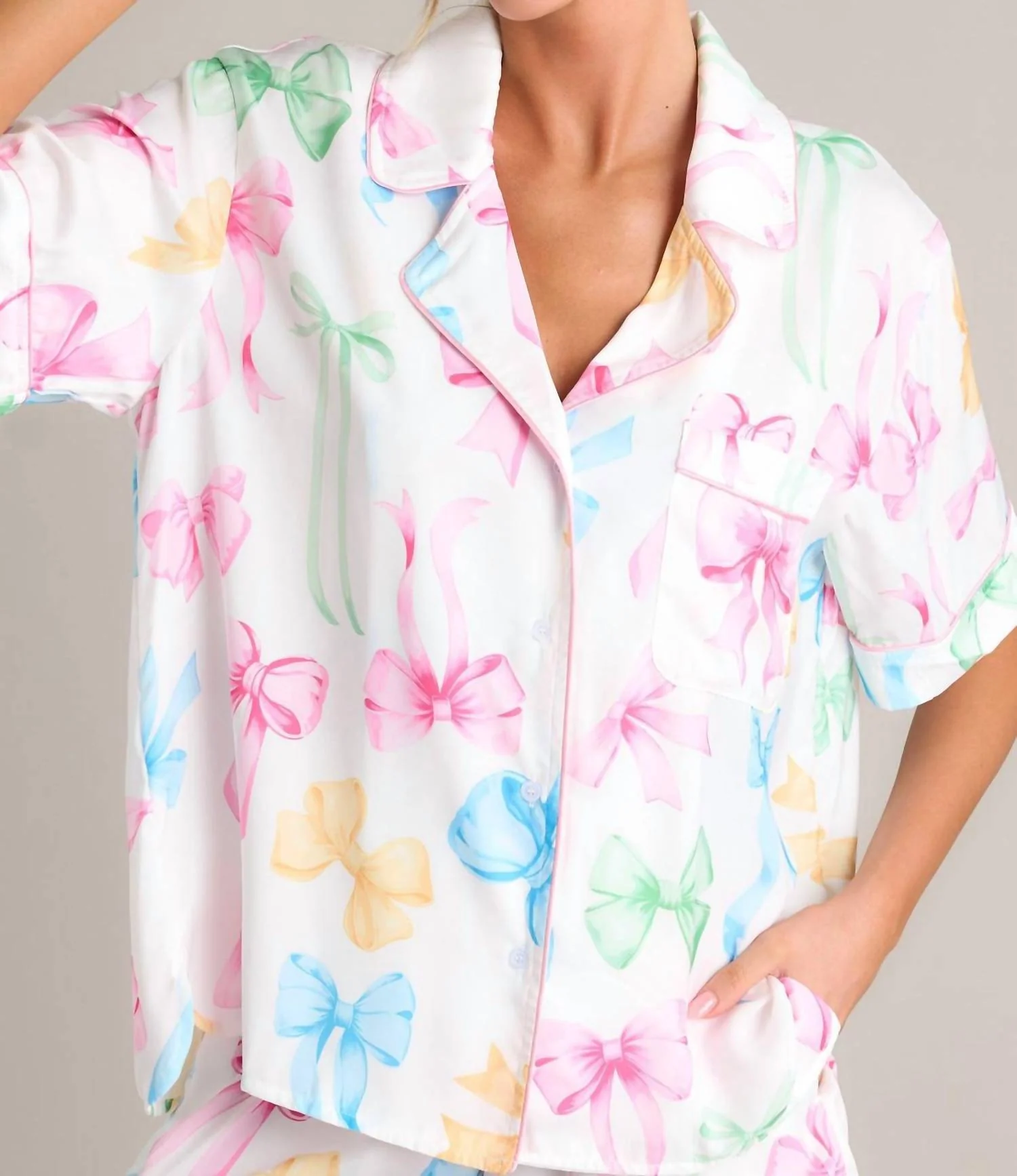 Bow Satin Pajama Top In White Multi