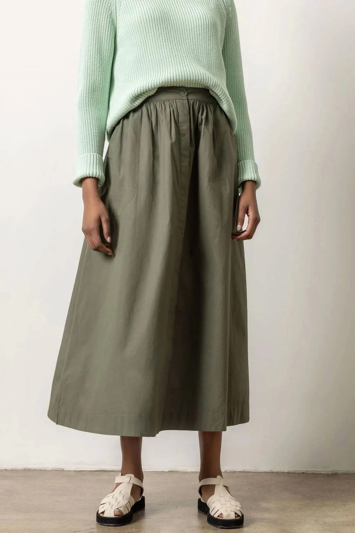 Poplin Button Front Long Skirt In Kale