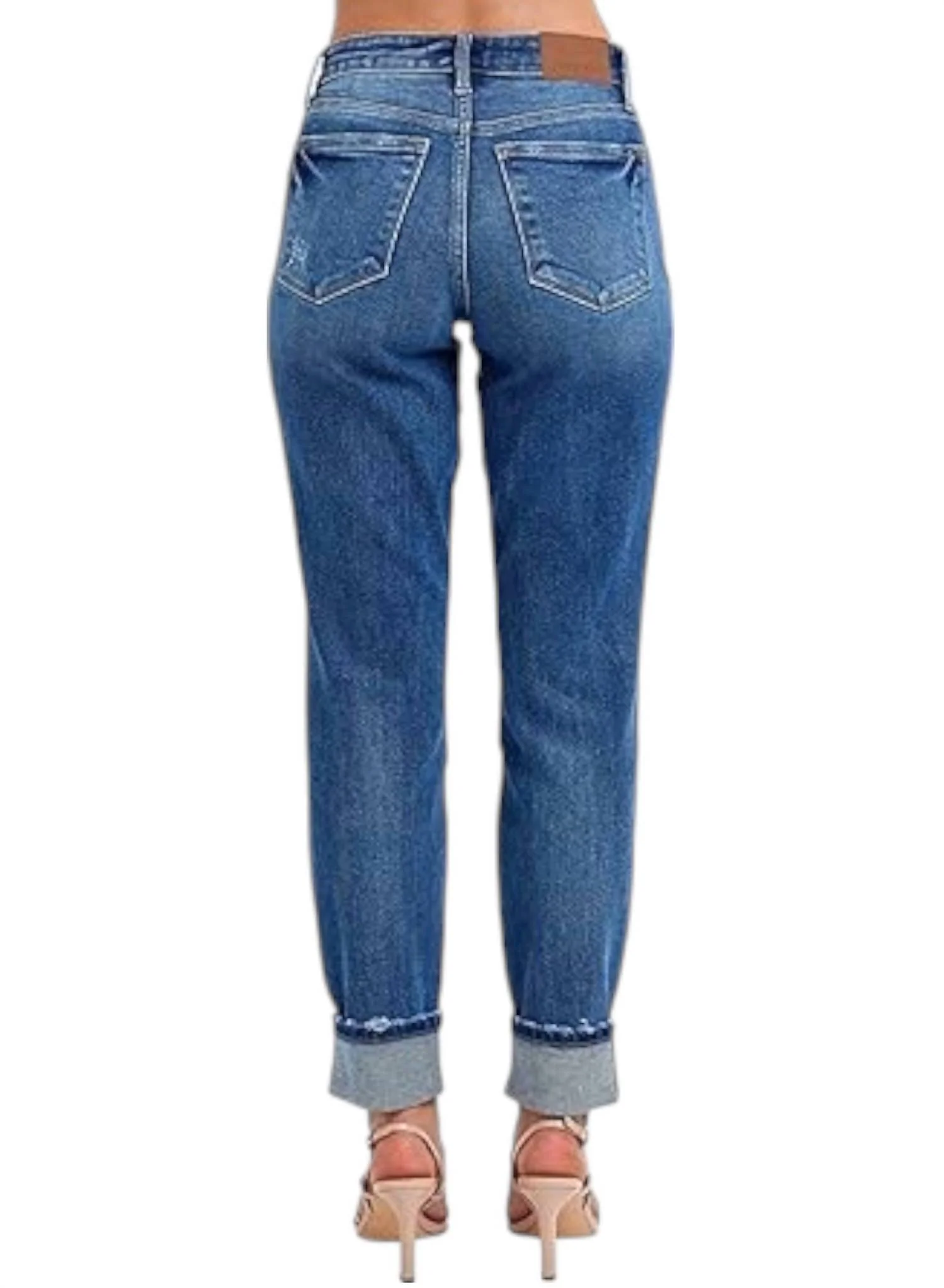 Midrise Vintage Wash Cuff Boyfriend Jeans In Dark Blue