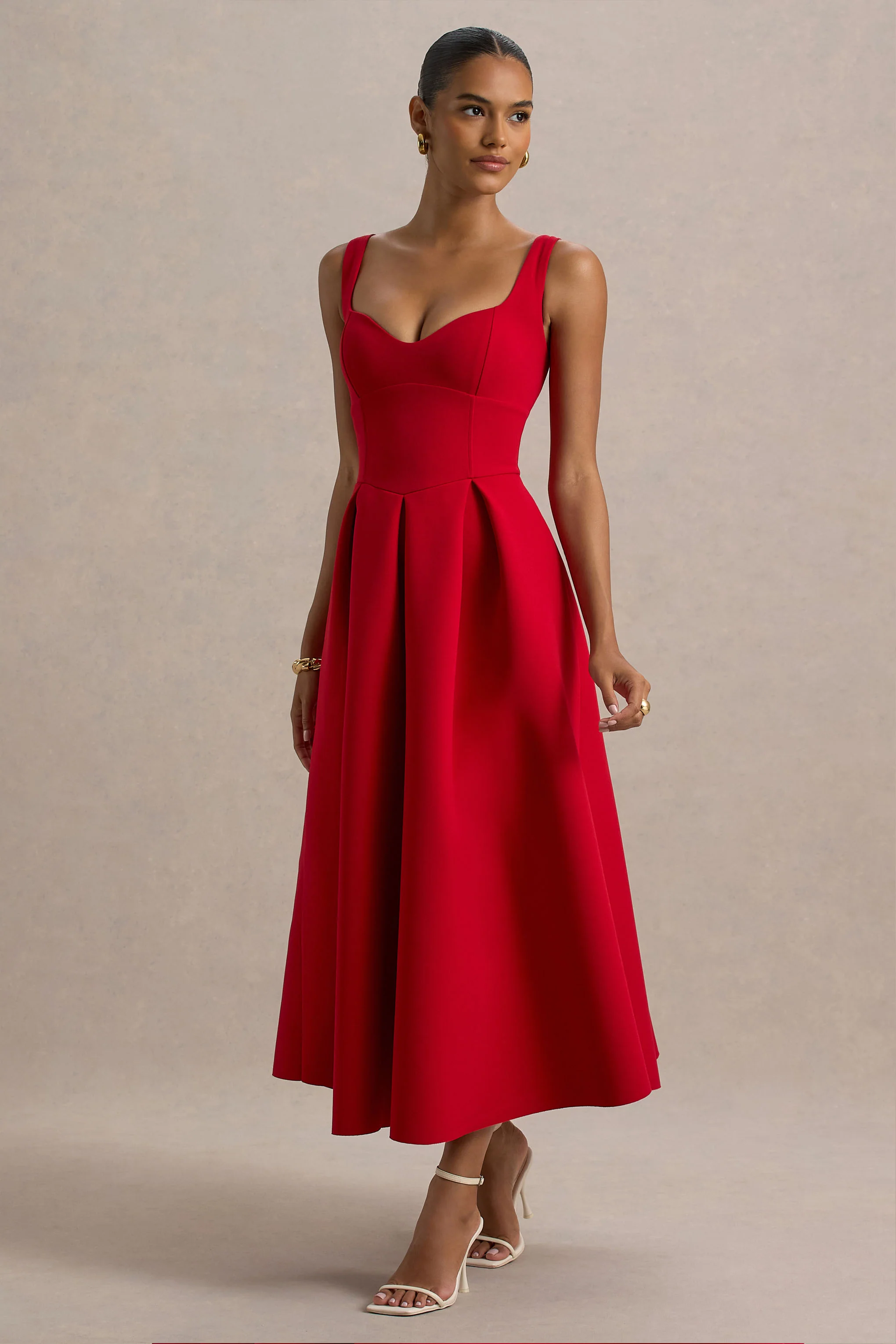 Rosemary | Red Sweetheart Midi Dress With Drop Waist