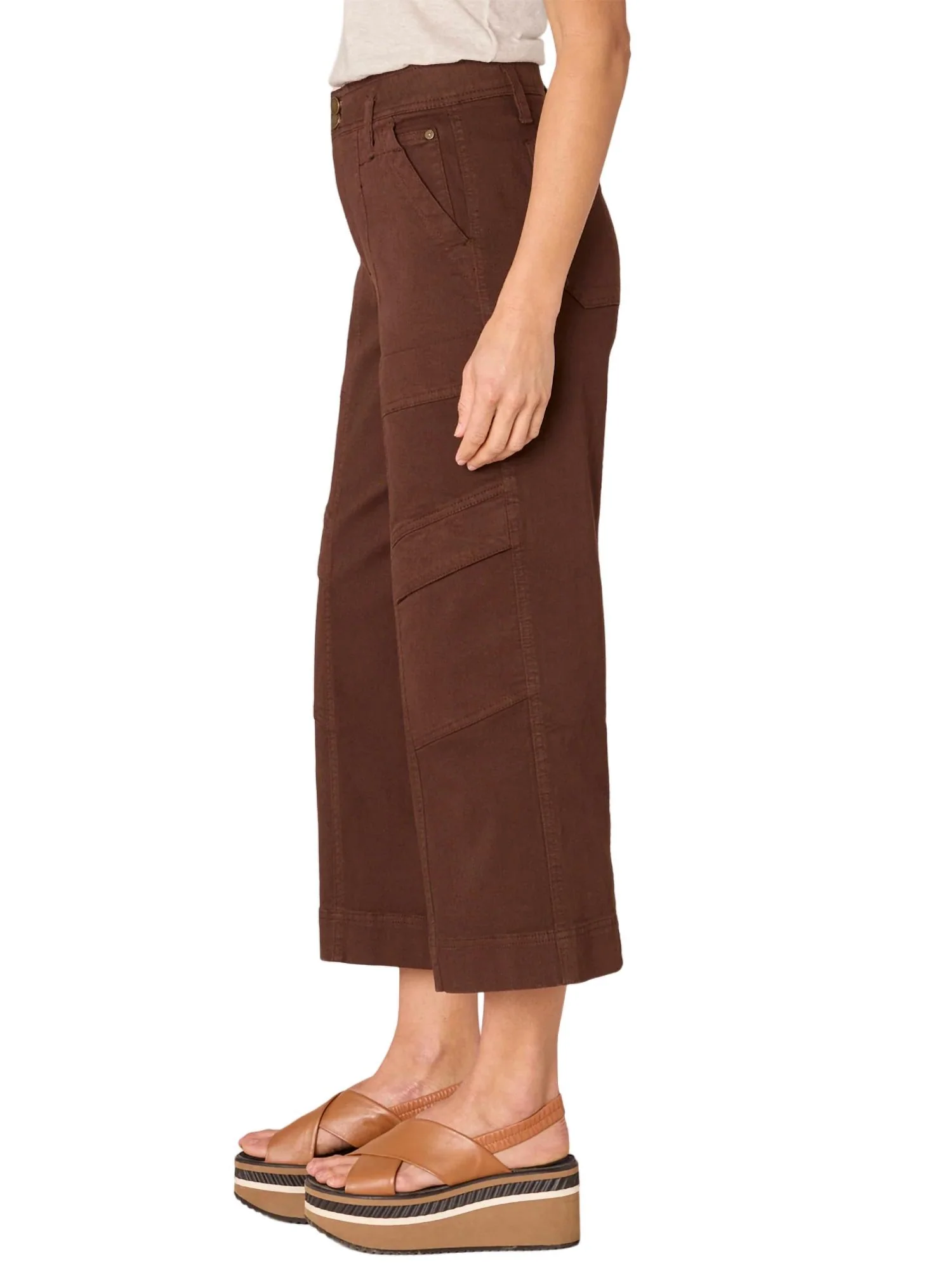 absolution Skyrise Double Button Wide Leg Crop Utility Pants In Chocolate Truffle