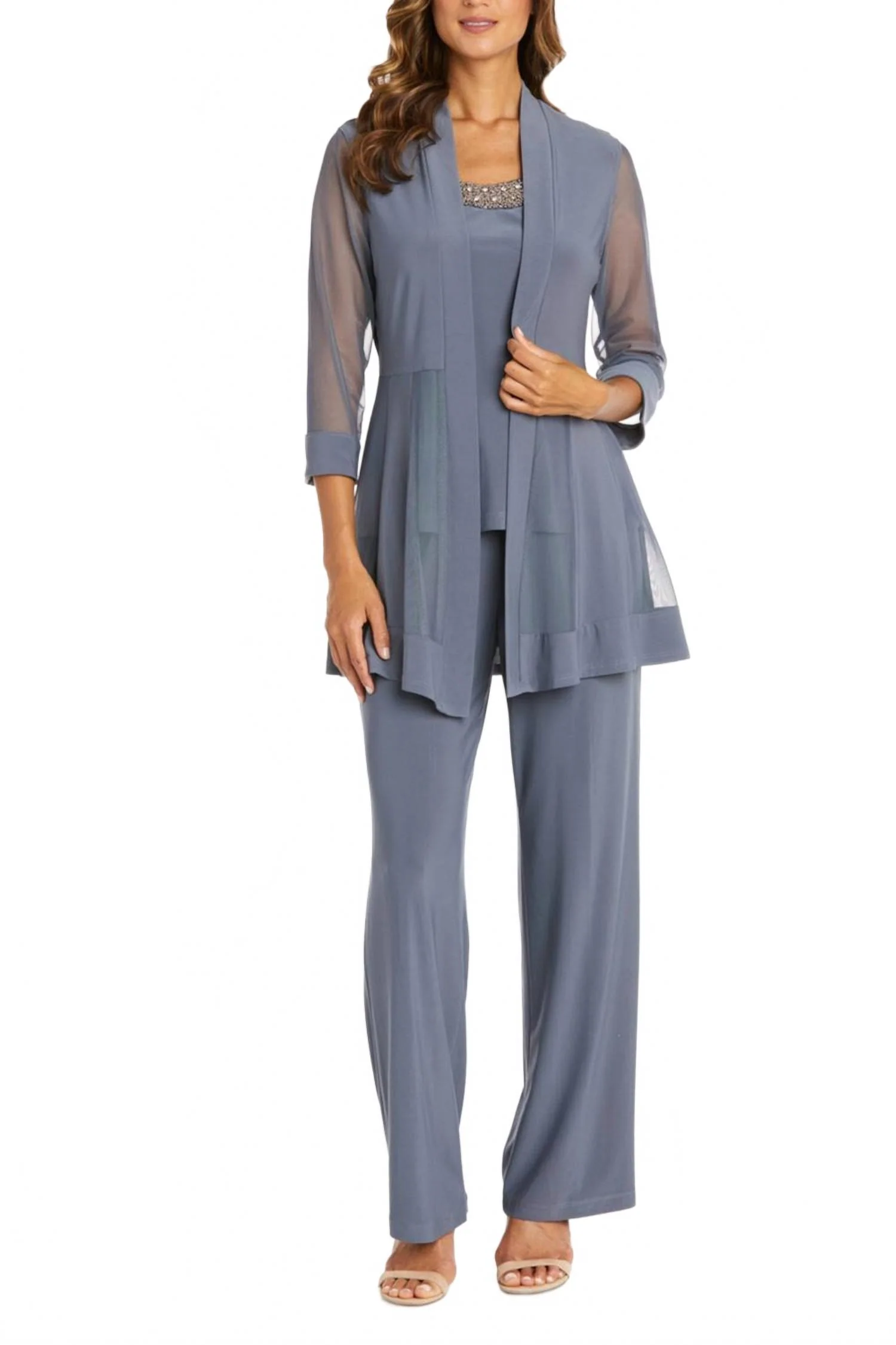 Embellished Neck 2-Piece Pants Suit In Charcoal
