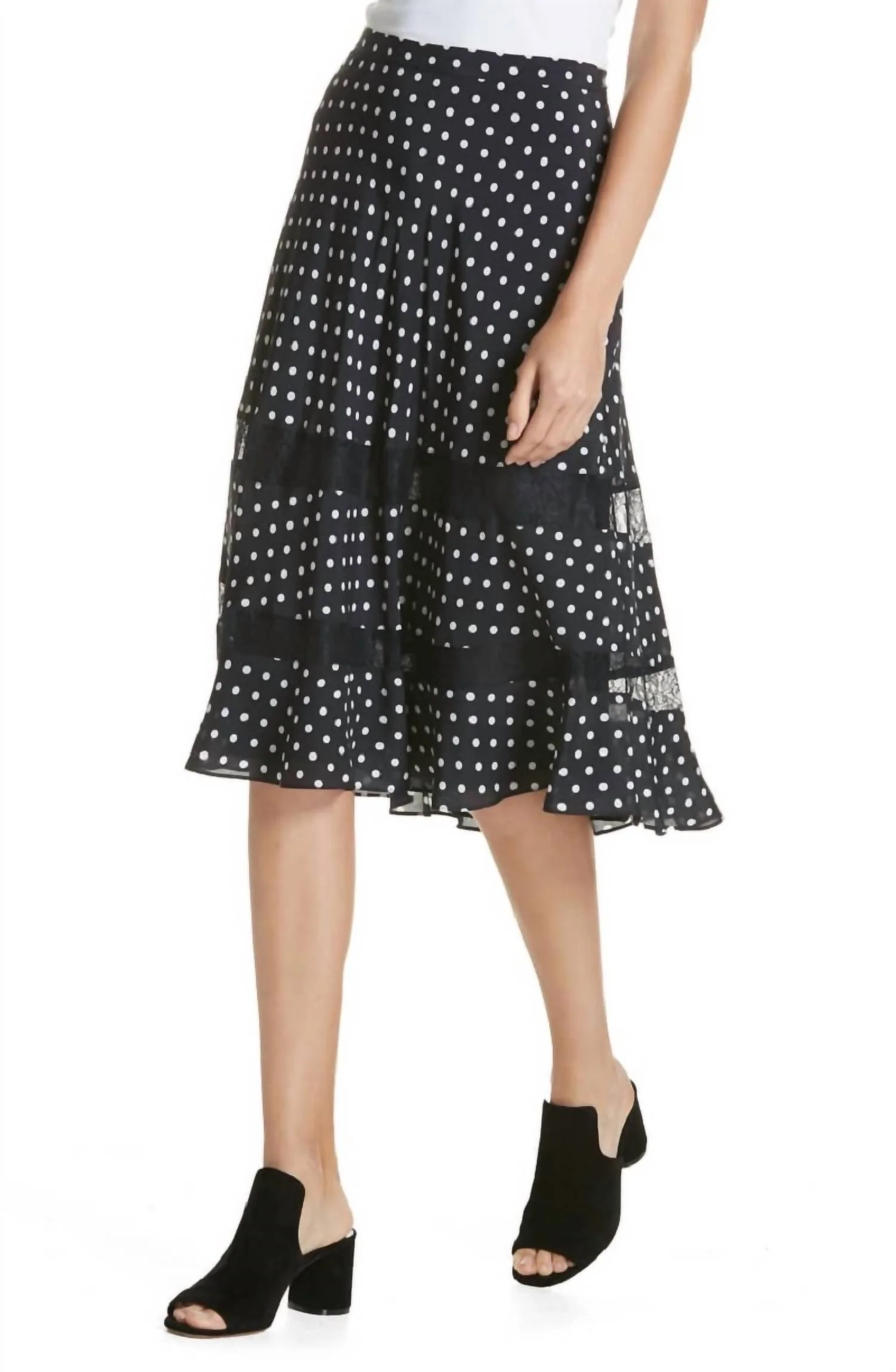 Silk Midi Skirt A Line Polka Dot Lace Trim In Blue