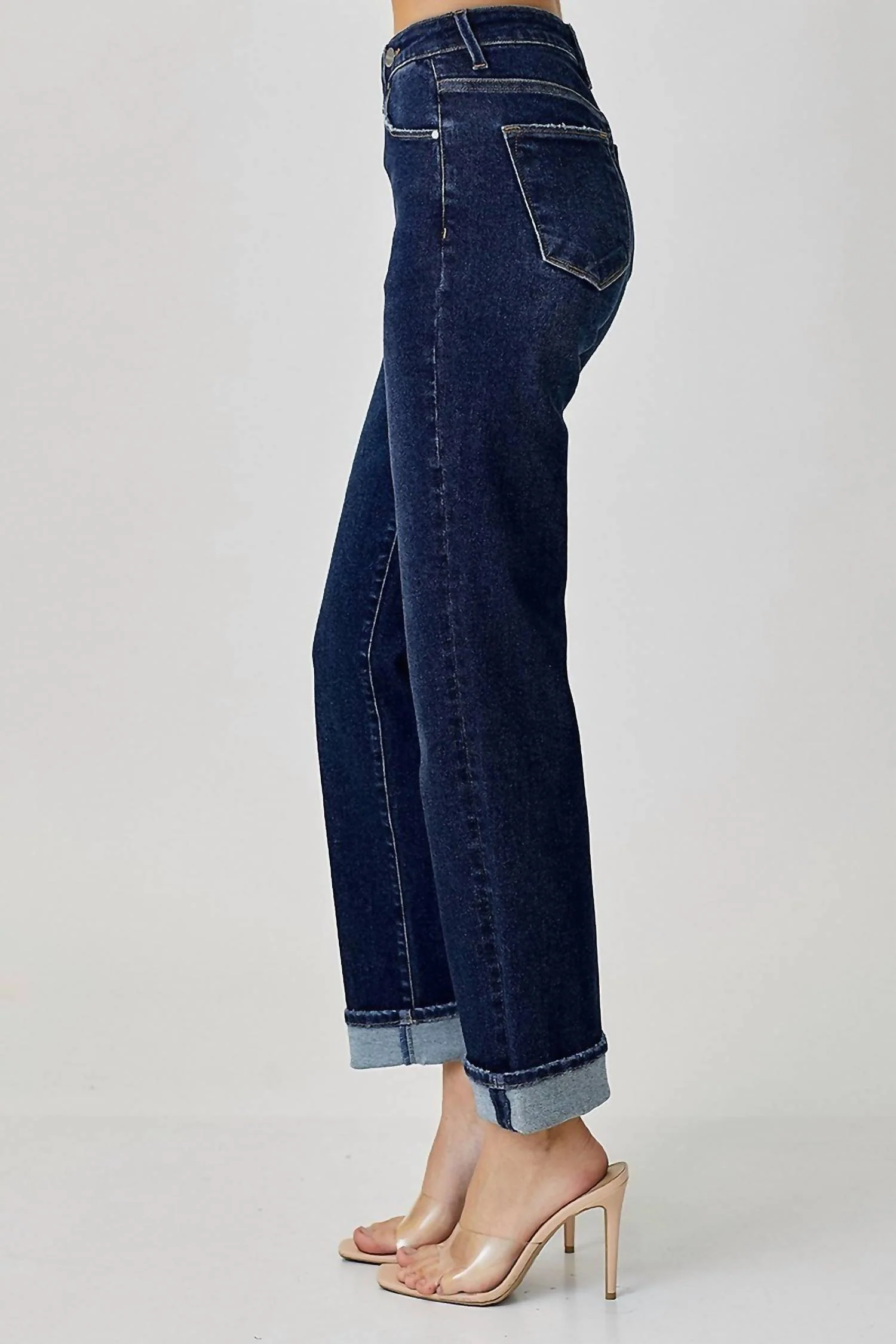 High Rise Crossover Straight Leg Jeans In Dark Blue