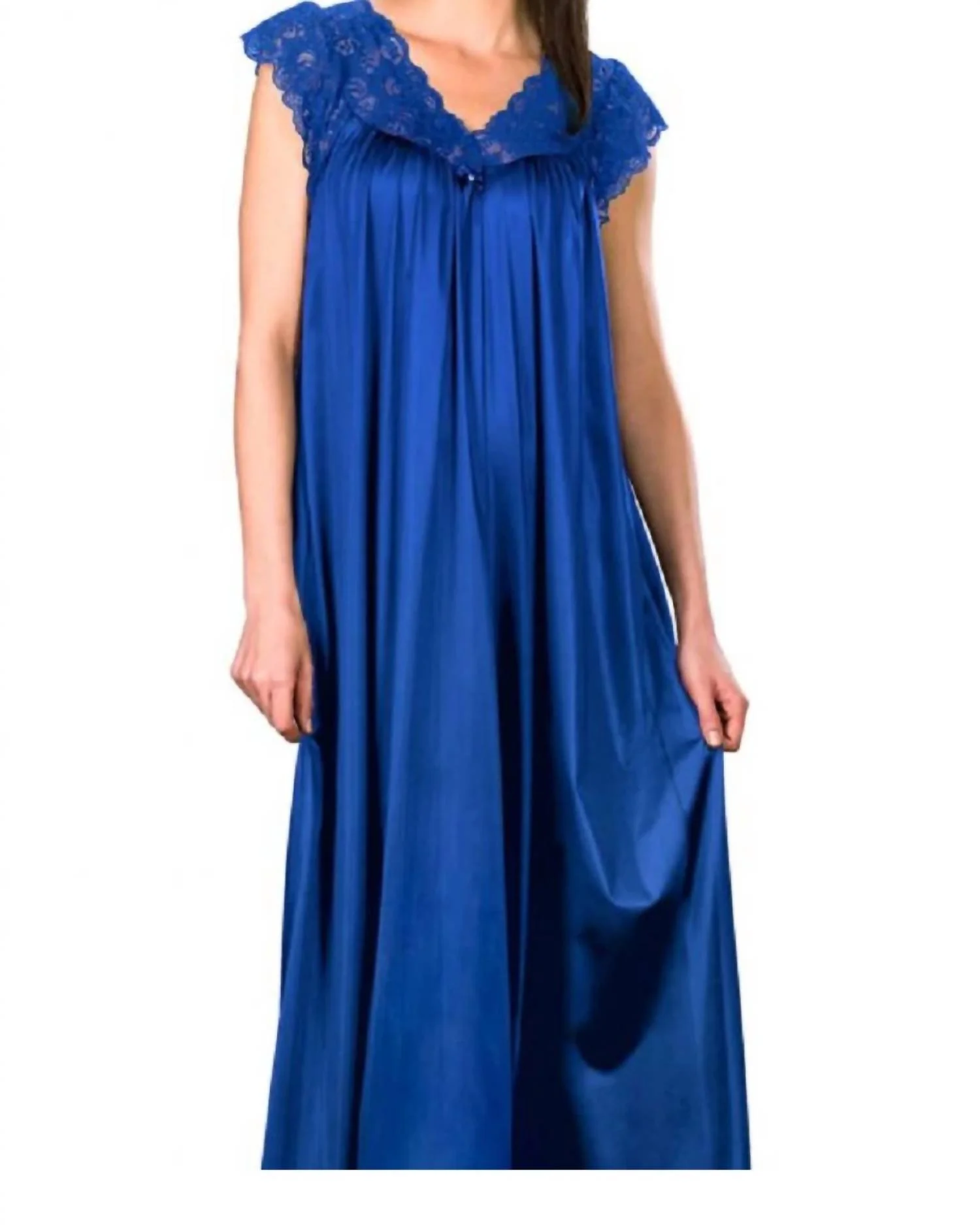 Long Lace Cap Sleeve Nightgown In Navy