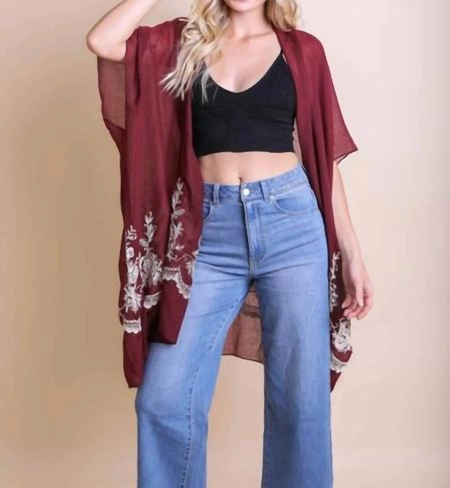 Lightweight Floral Embroidered Tassels Boho Festival Kimono Wrap In Rosewood
