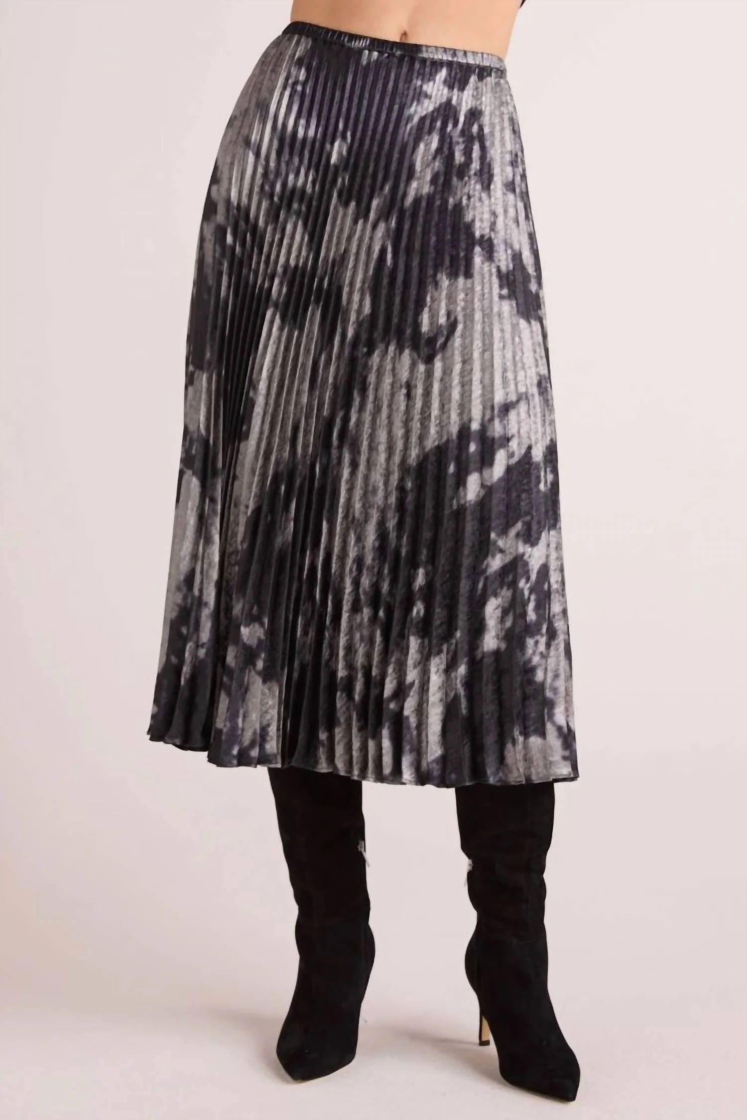 Hand Pleated Midi Skirt In Silver Dye Print