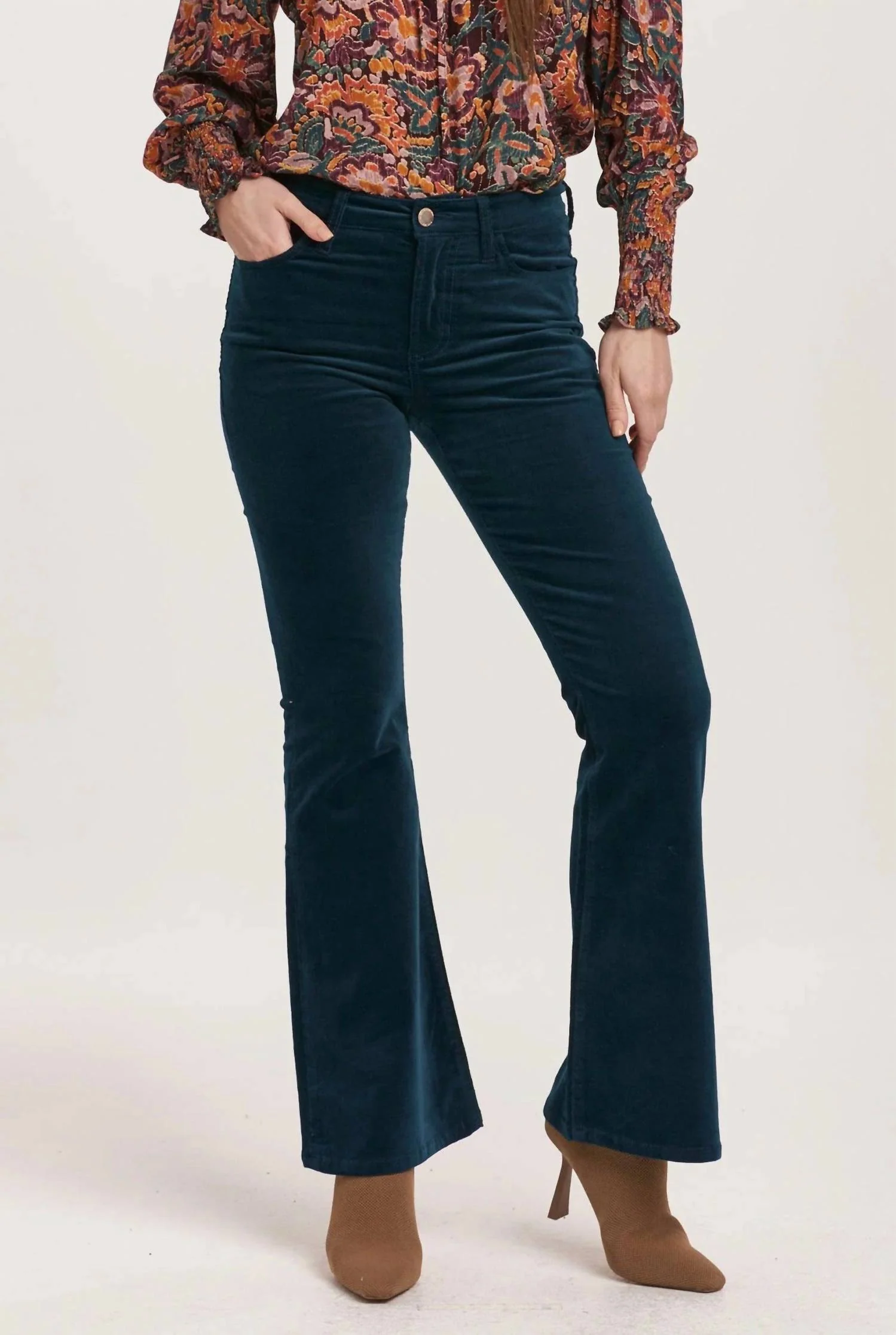 Rosa Mid Rise Full Inseam Flare Pants In Teal Velveteen