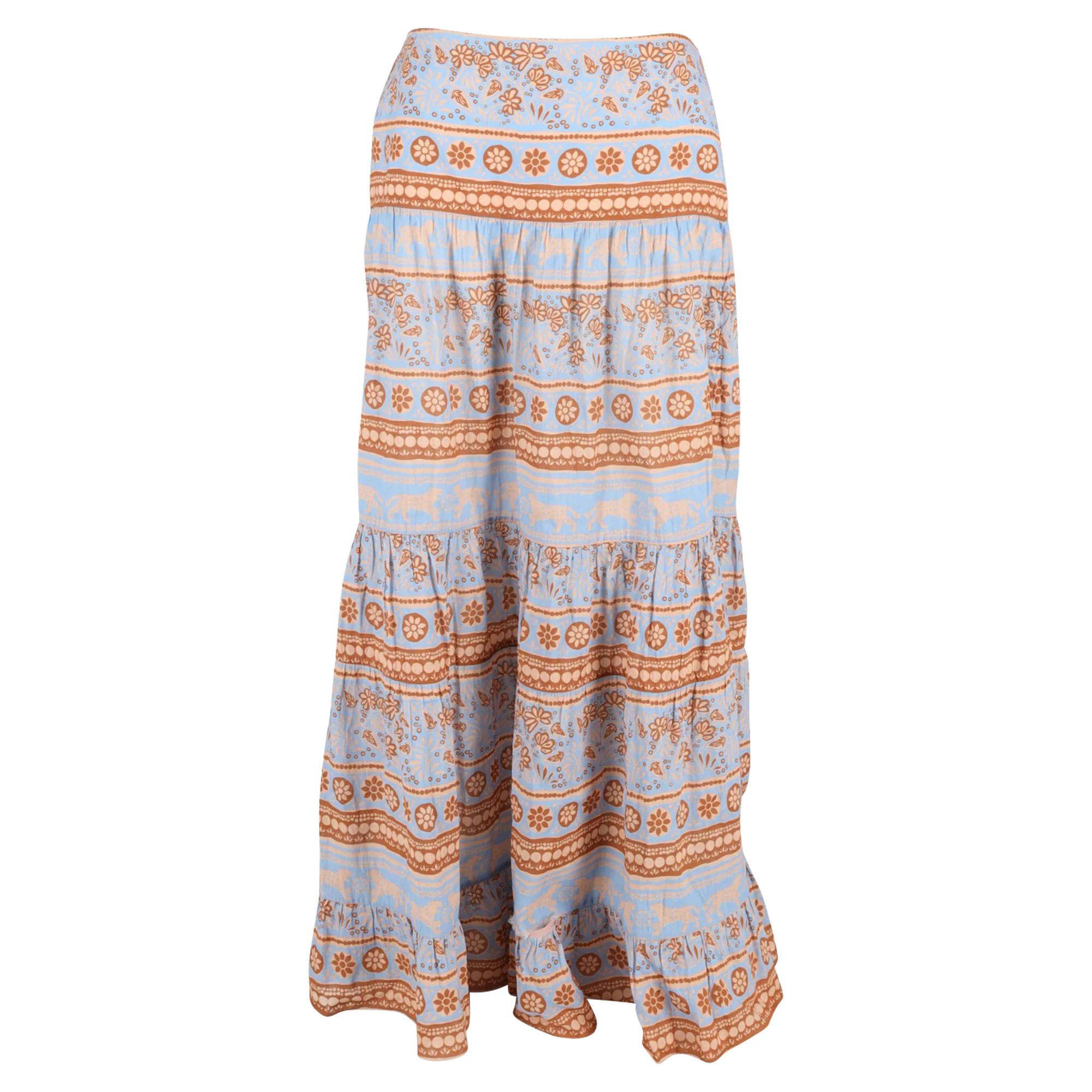 Johanna Ortiz Printed Tiered Maxi Skirt in Multicolor Cotton