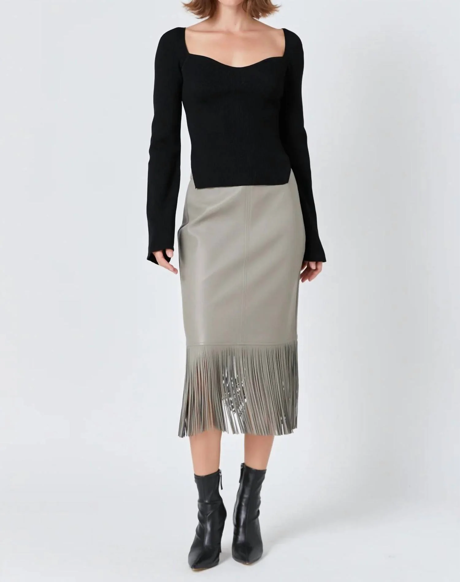 Fringe Faux Leather Midi Skirt In Taupe