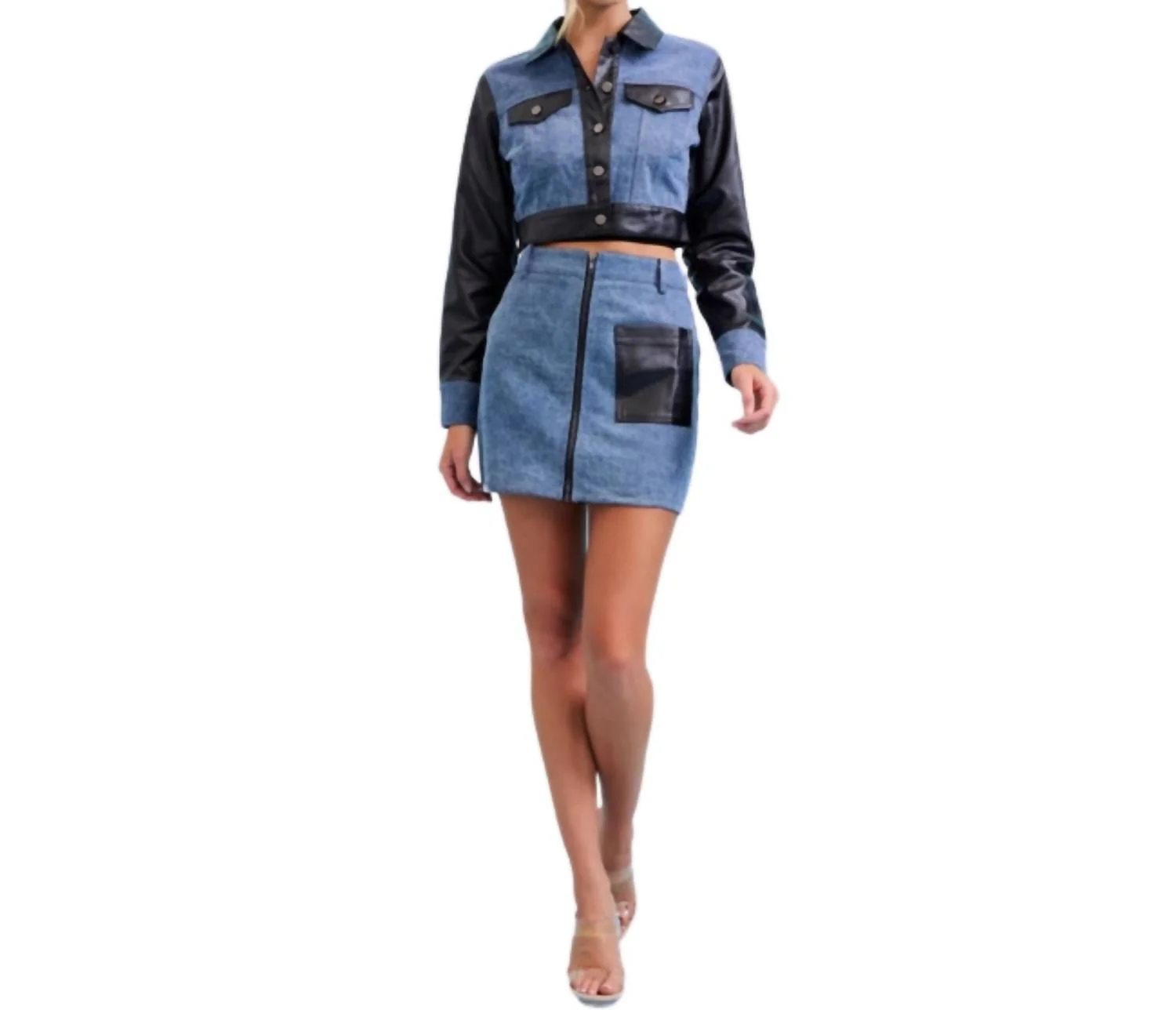 Quinn Contrast Denim Mini Skirt In Denim/black