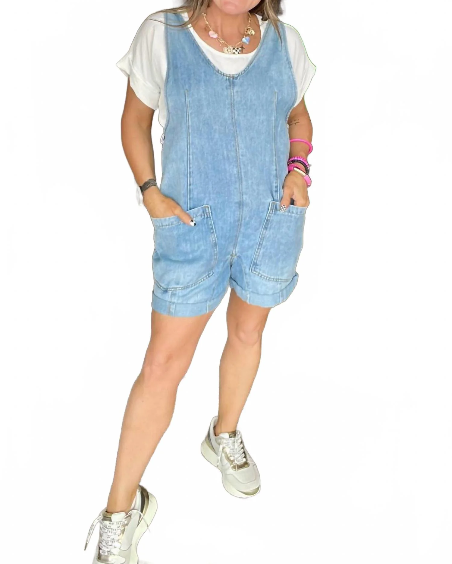Summer Short Overalls In Light Wash