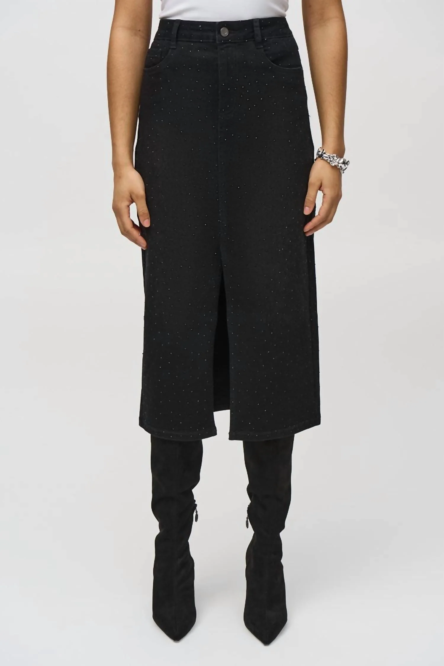 Classic Denim Pencil Skirt W/ Rhinestones In Black