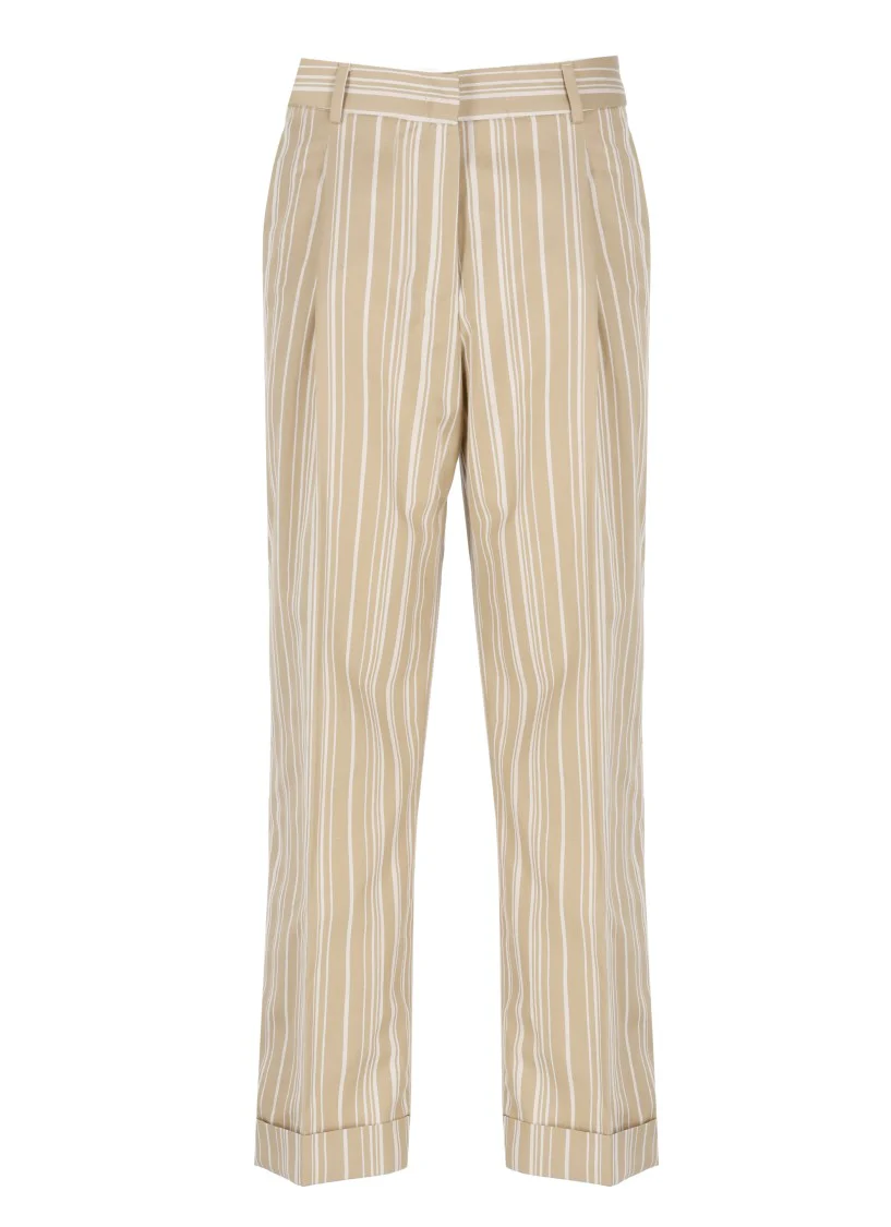 Beige Cotton And Linen Cropped Pants